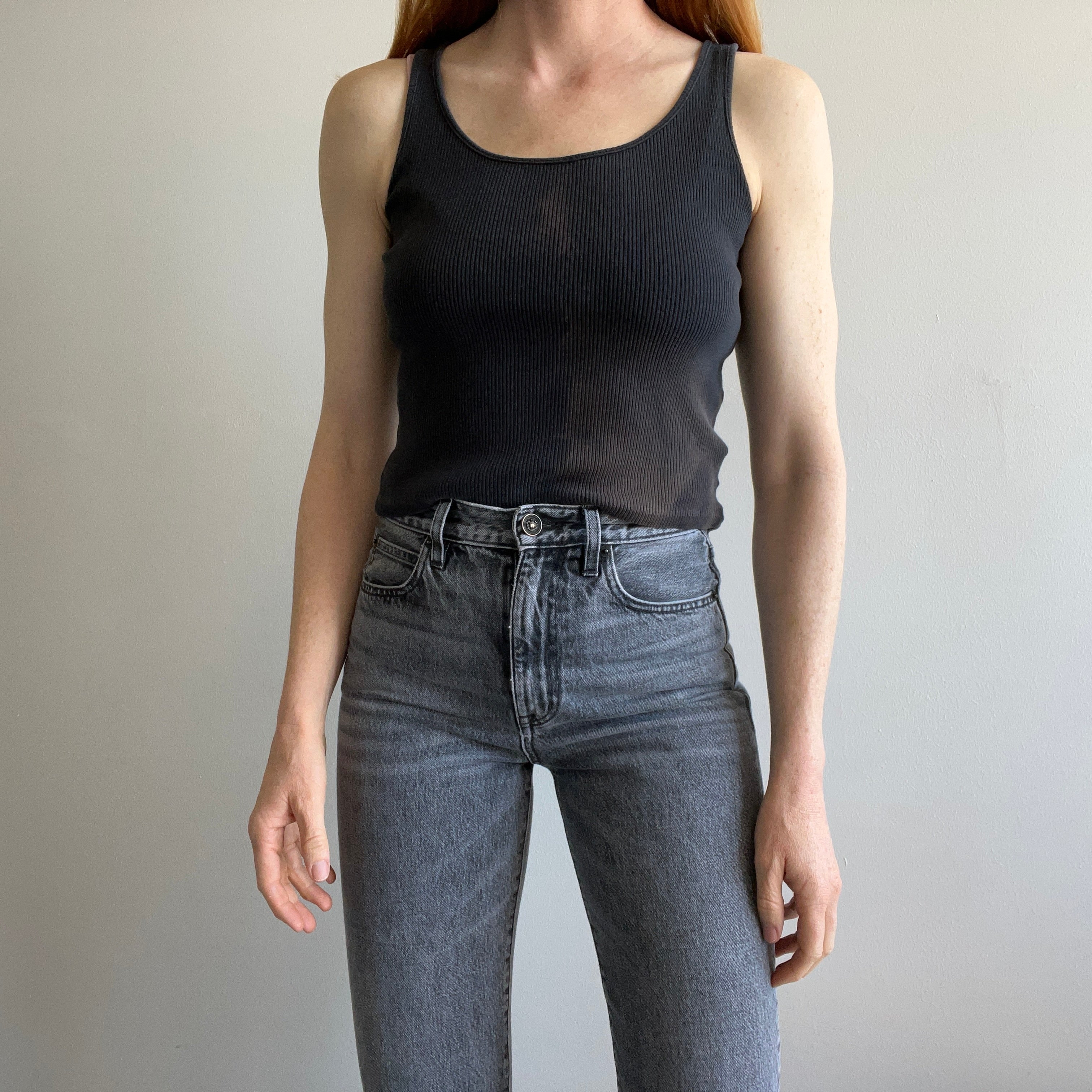 1980s Sun Faded Blank Ribbed Black Cotton Tank Crop - !!!