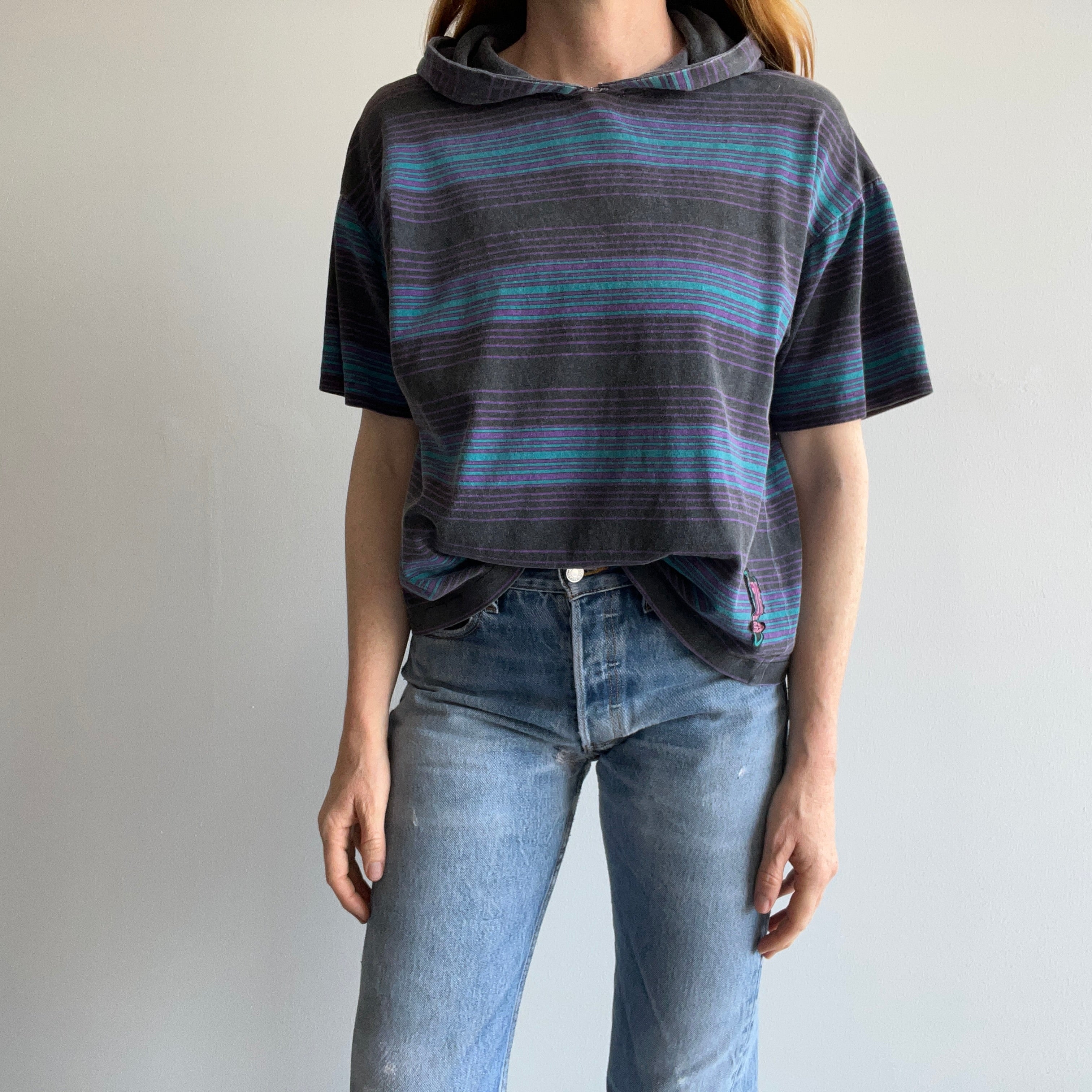 1980s Striped Short Sleeve Hoodie T-Shirt by Quicksilver - YES