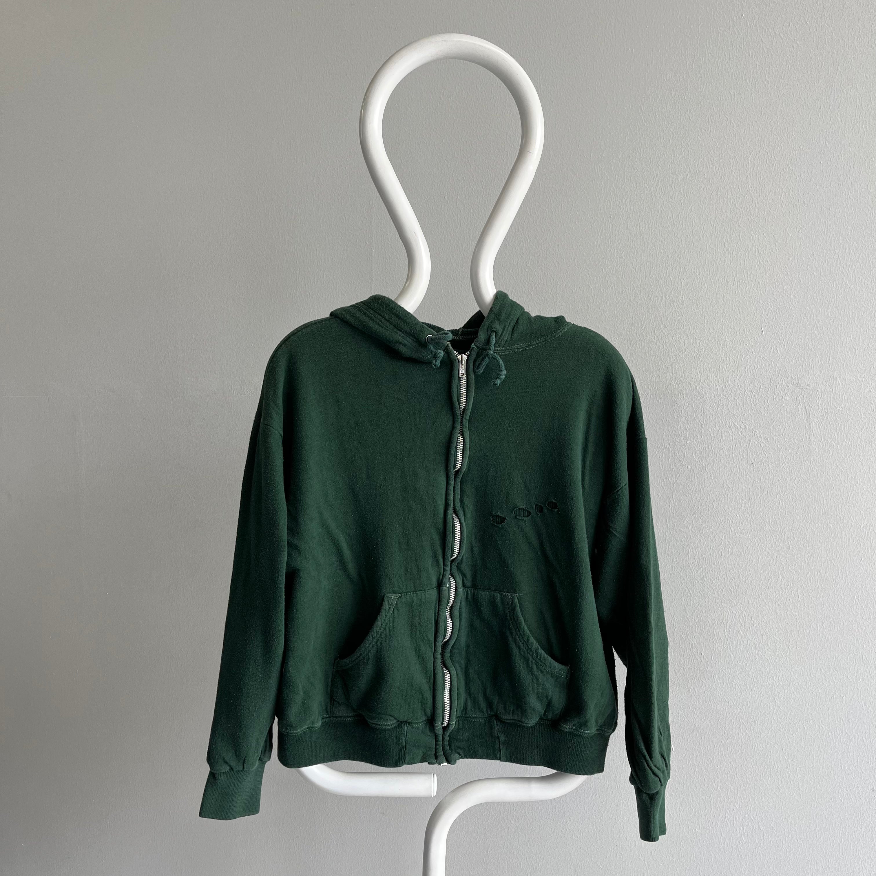 1970s Cotton!!! Waffle Lined Dark Green Beat Up Hoodie - Smaller Size