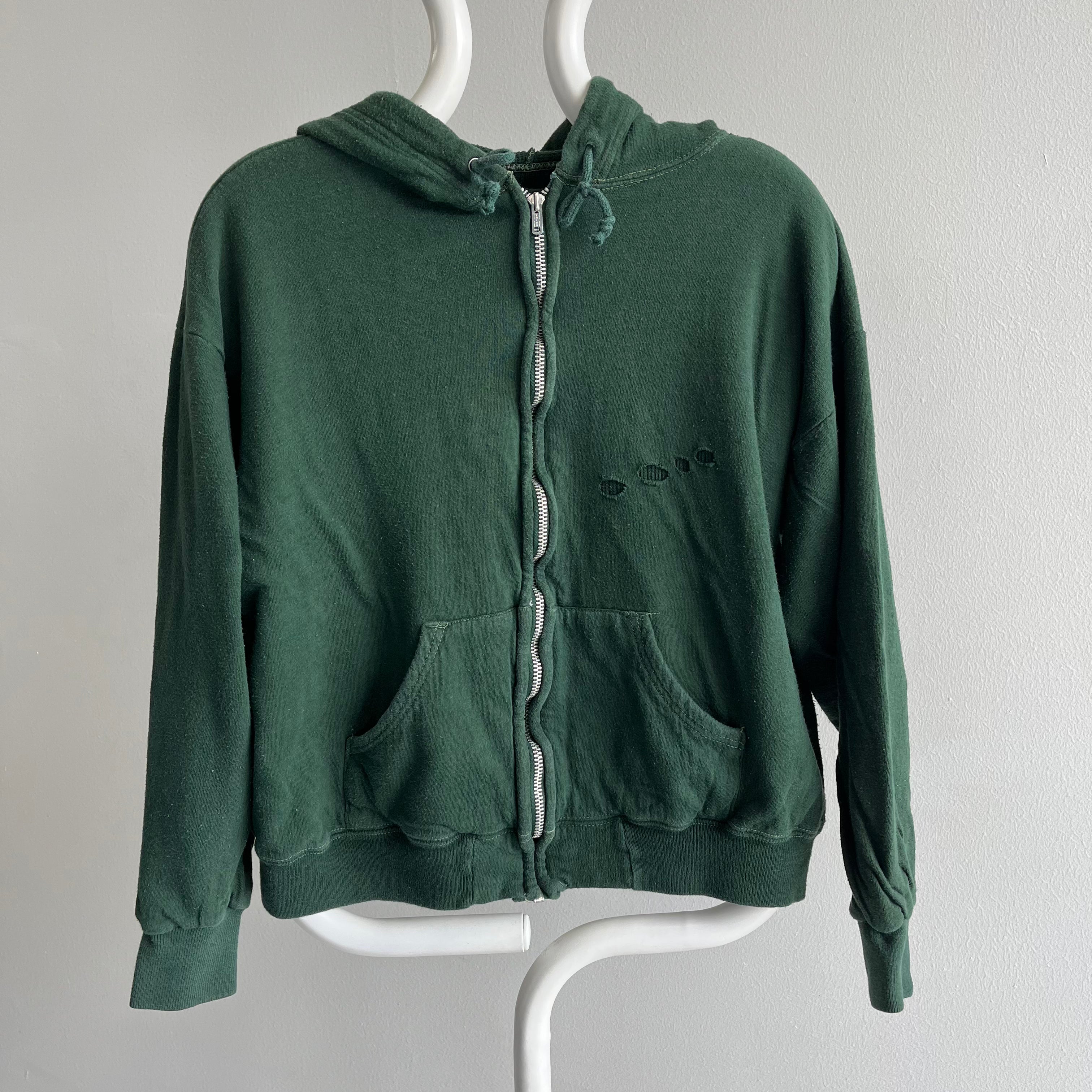 1970s Cotton!!! Waffle Lined Dark Green Beat Up Hoodie - Smaller Size