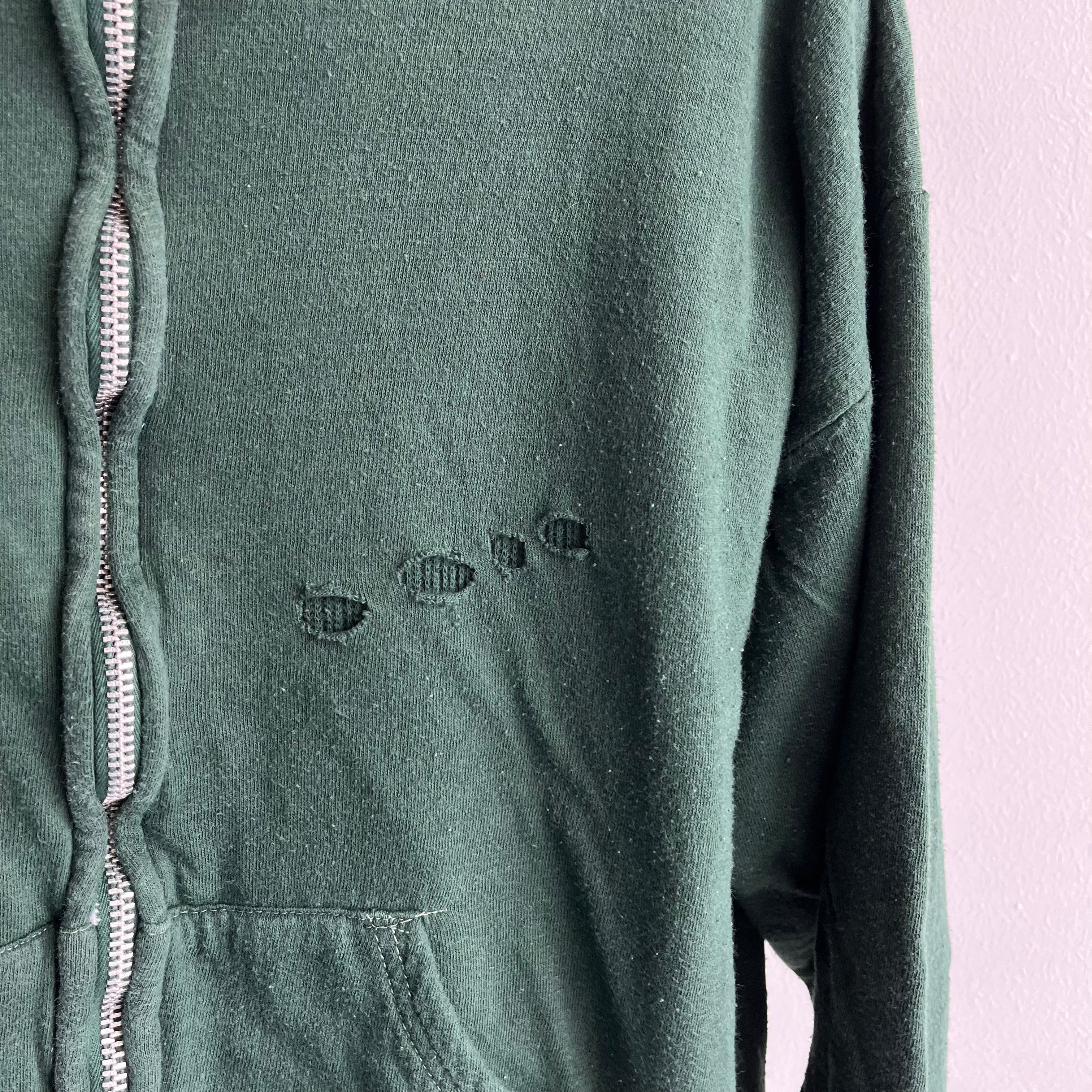 1970s Cotton!!! Waffle Lined Dark Green Beat Up Hoodie - Smaller Size