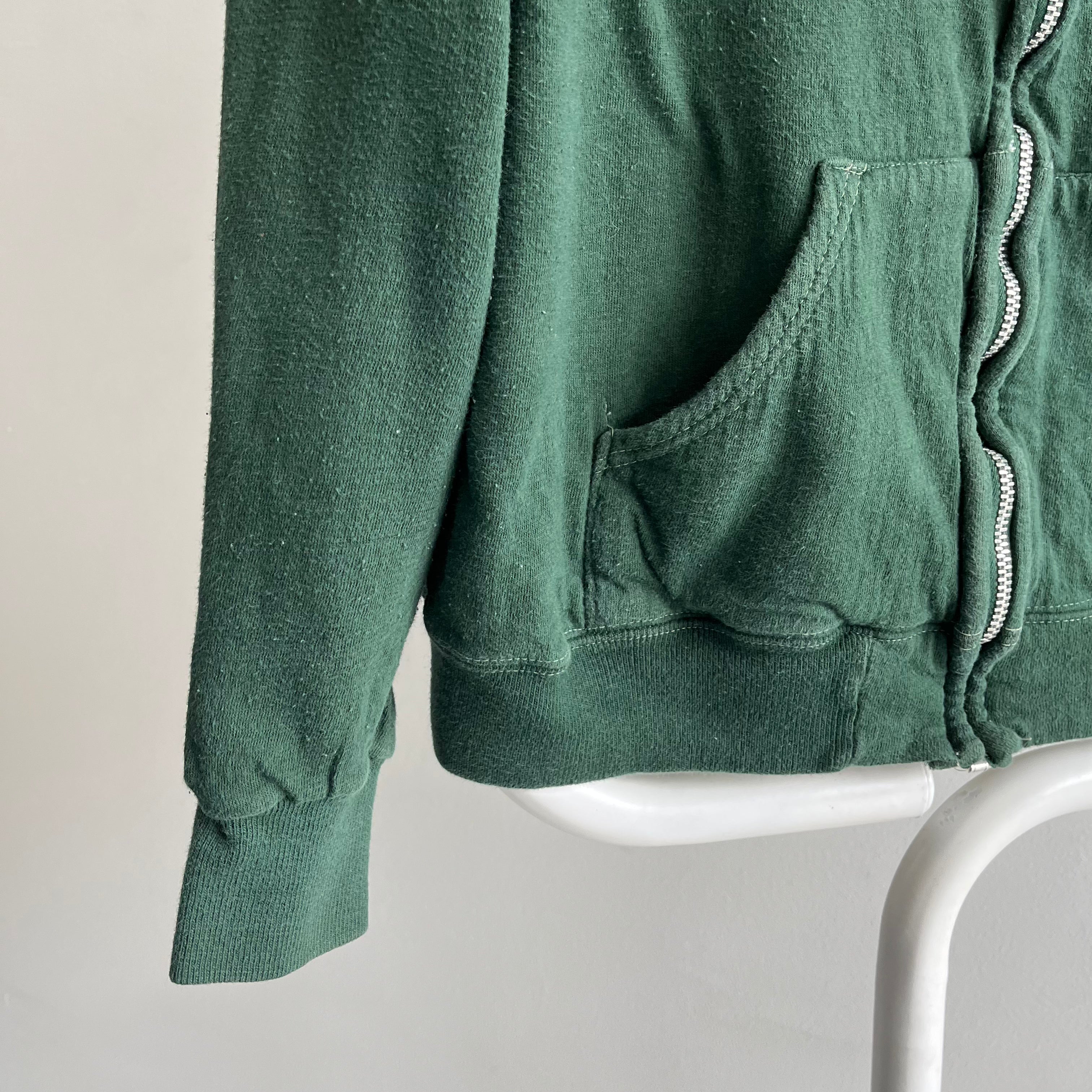 1970s Cotton!!! Waffle Lined Dark Green Beat Up Hoodie - Smaller Size