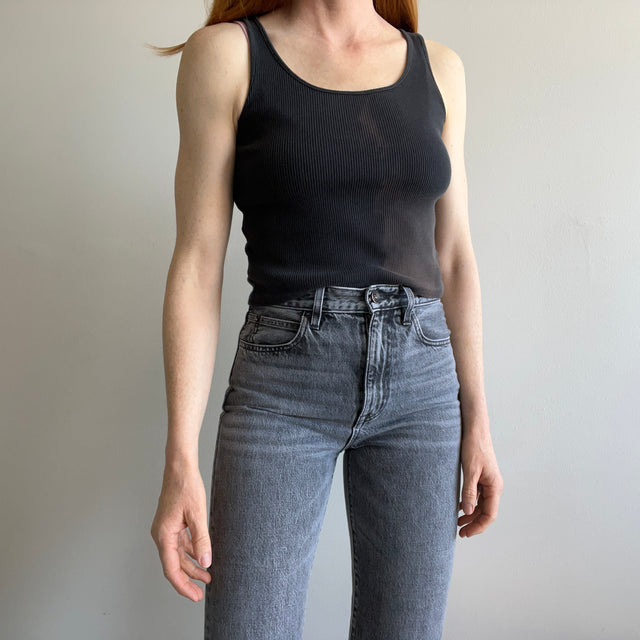 1980s Sun Faded Blank Ribbed Black Cotton Tank Crop - !!!