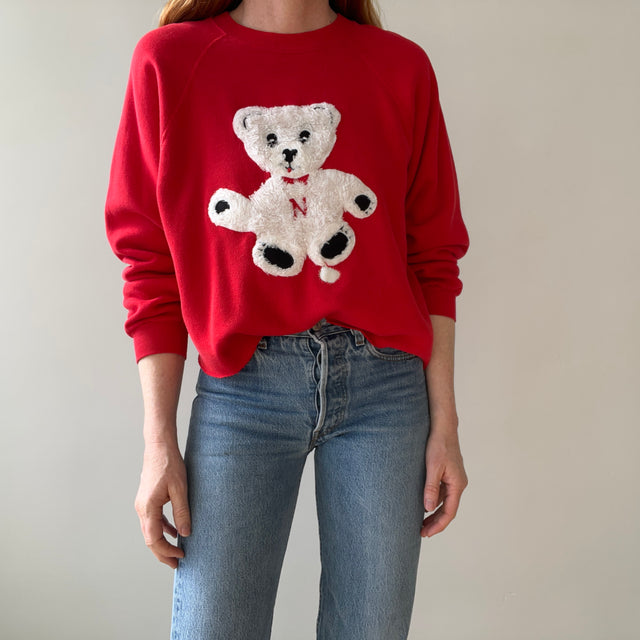 1980s Nebraska Teddy Bear Fluffy Sweatshirt with Hand Mending - OH MY