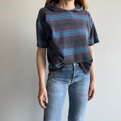 1980s Striped Short Sleeve Hoodie T-Shirt by Quicksilver - YES