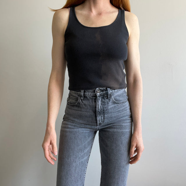 1980s Sun Faded Blank Ribbed Black Cotton Tank Crop - !!!