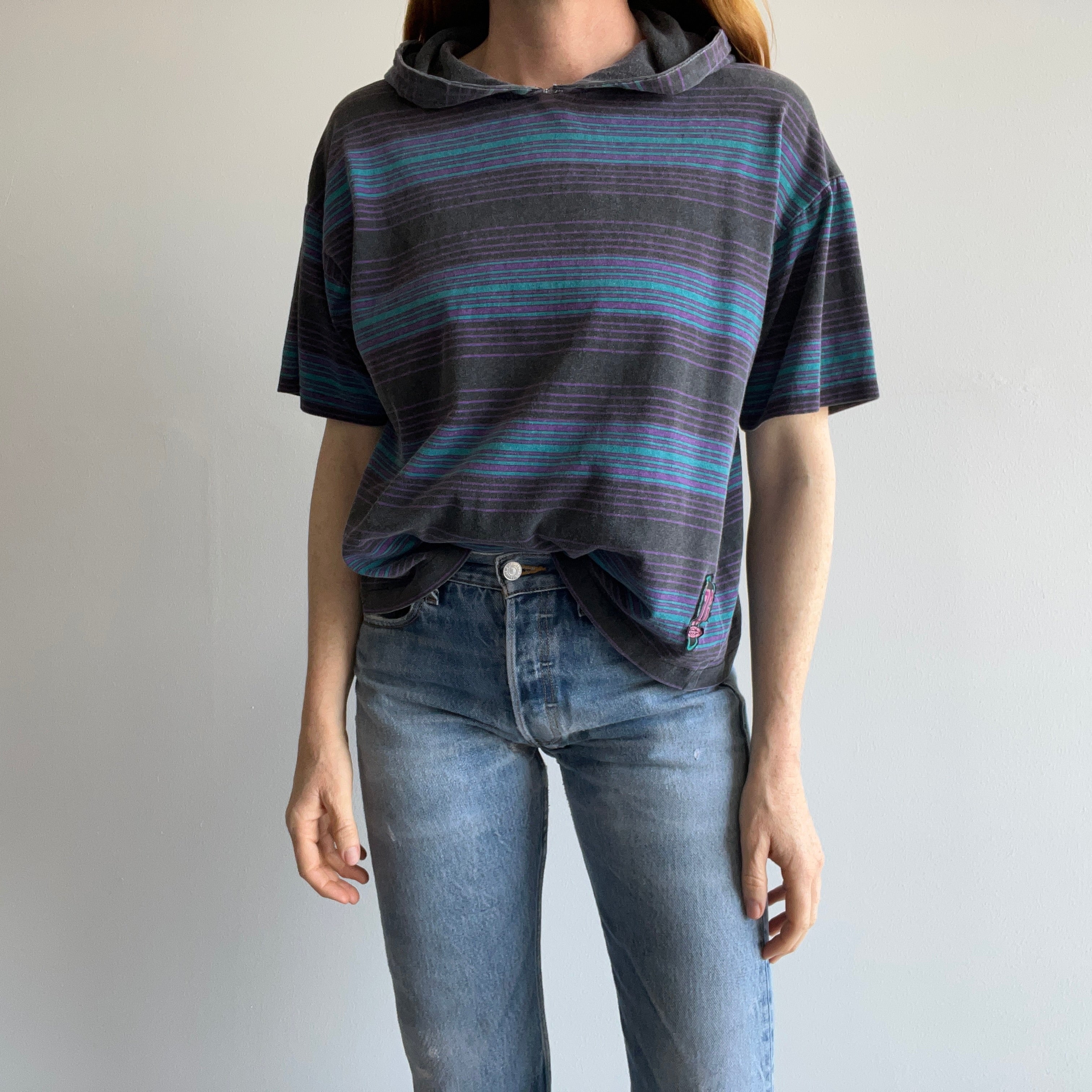 1980s Striped Short Sleeve Hoodie T-Shirt by Quicksilver - YES