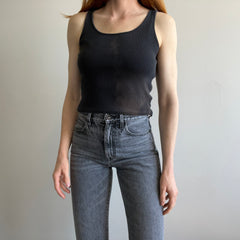 1980s Sun Faded Blank Ribbed Black Cotton Tank Crop - !!!