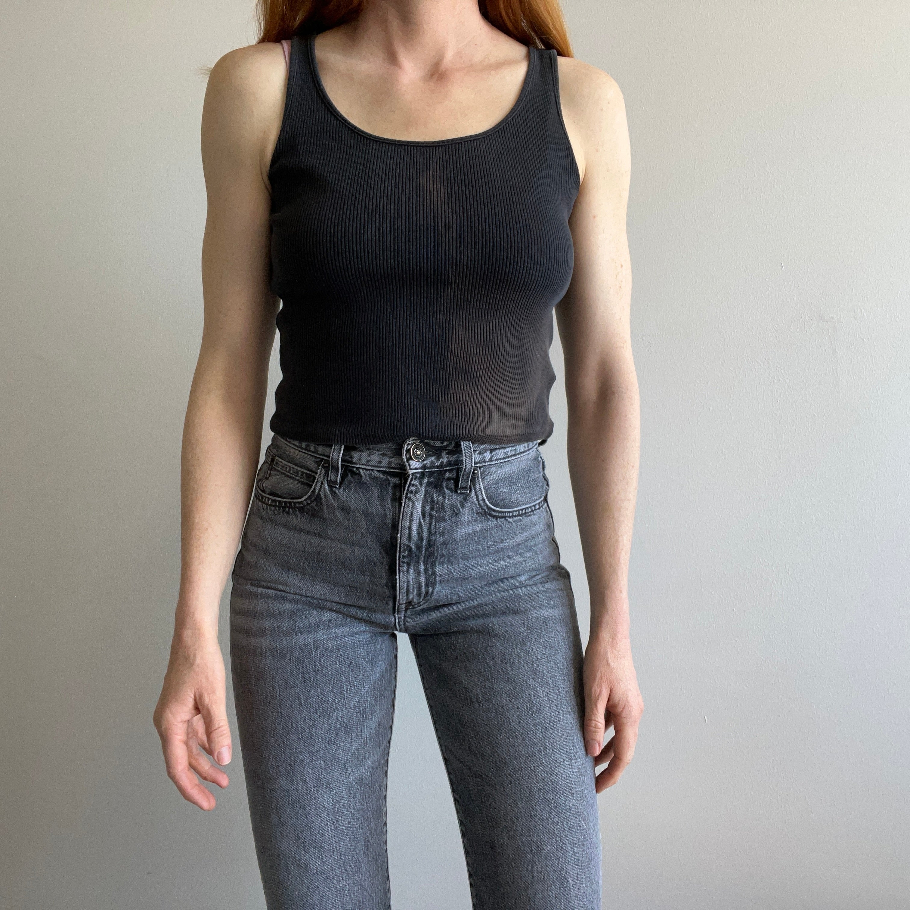 1980s Sun Faded Blank Ribbed Black Cotton Tank Crop - !!!