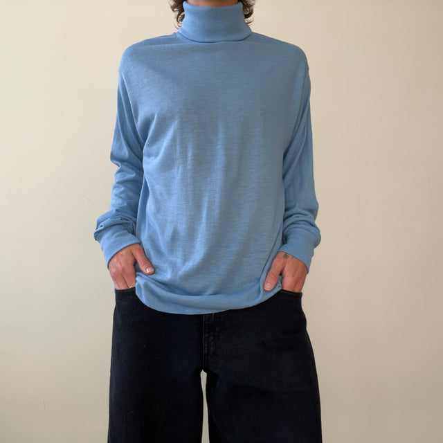 1980s Blank Baby Blue Turtle Neck Long Sleeve T Shirt
