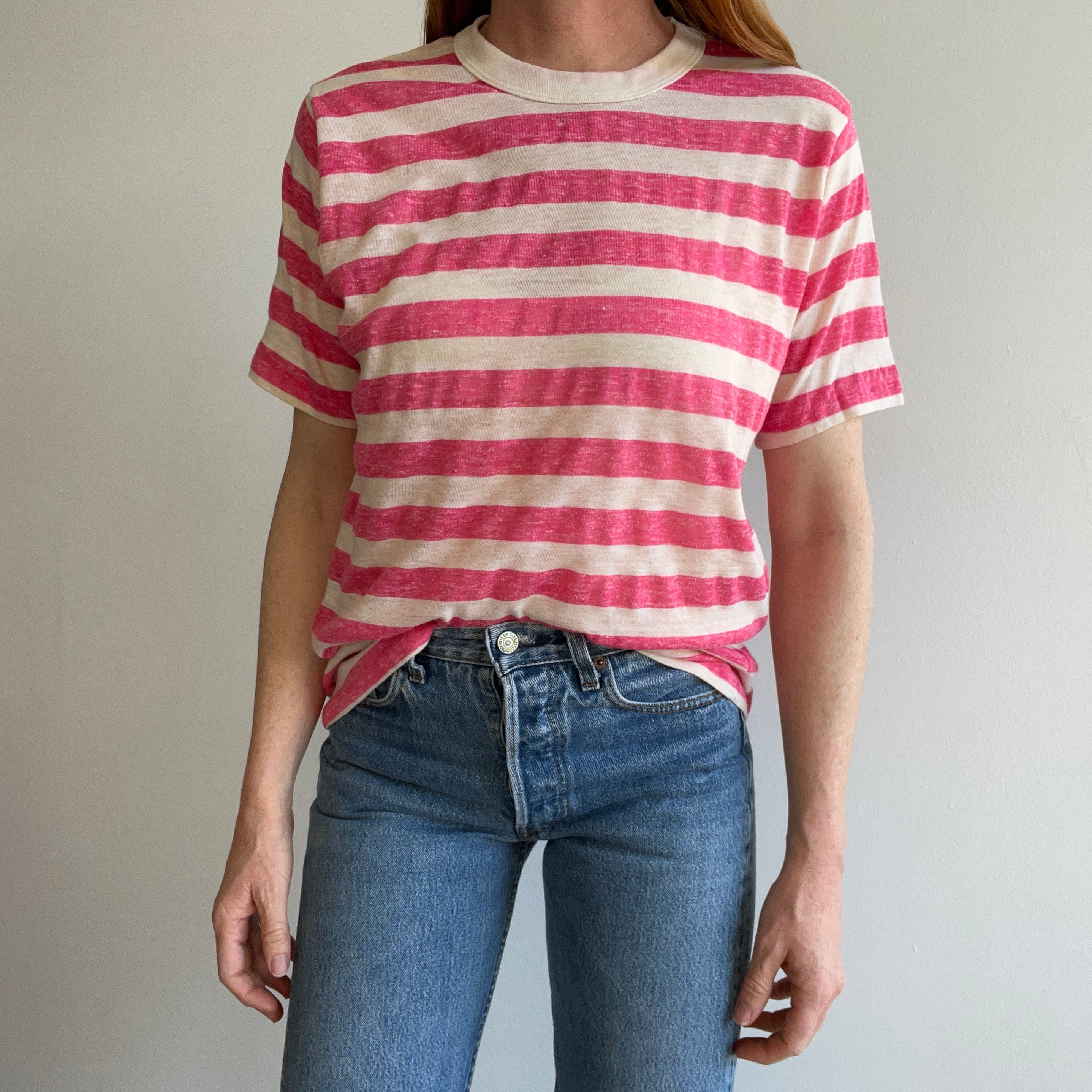 1970/80s Hot Pink Striped T-Shirt - !!!!