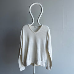 1970s Creamy White V-Neck Rayon and Nylon Sweater