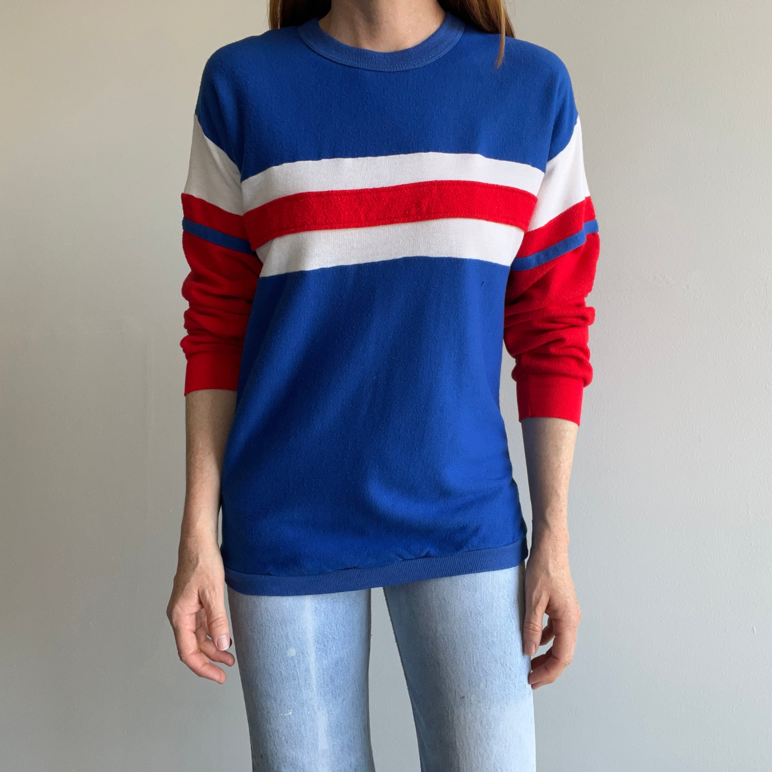 Red blue and white sweatshirt on sale