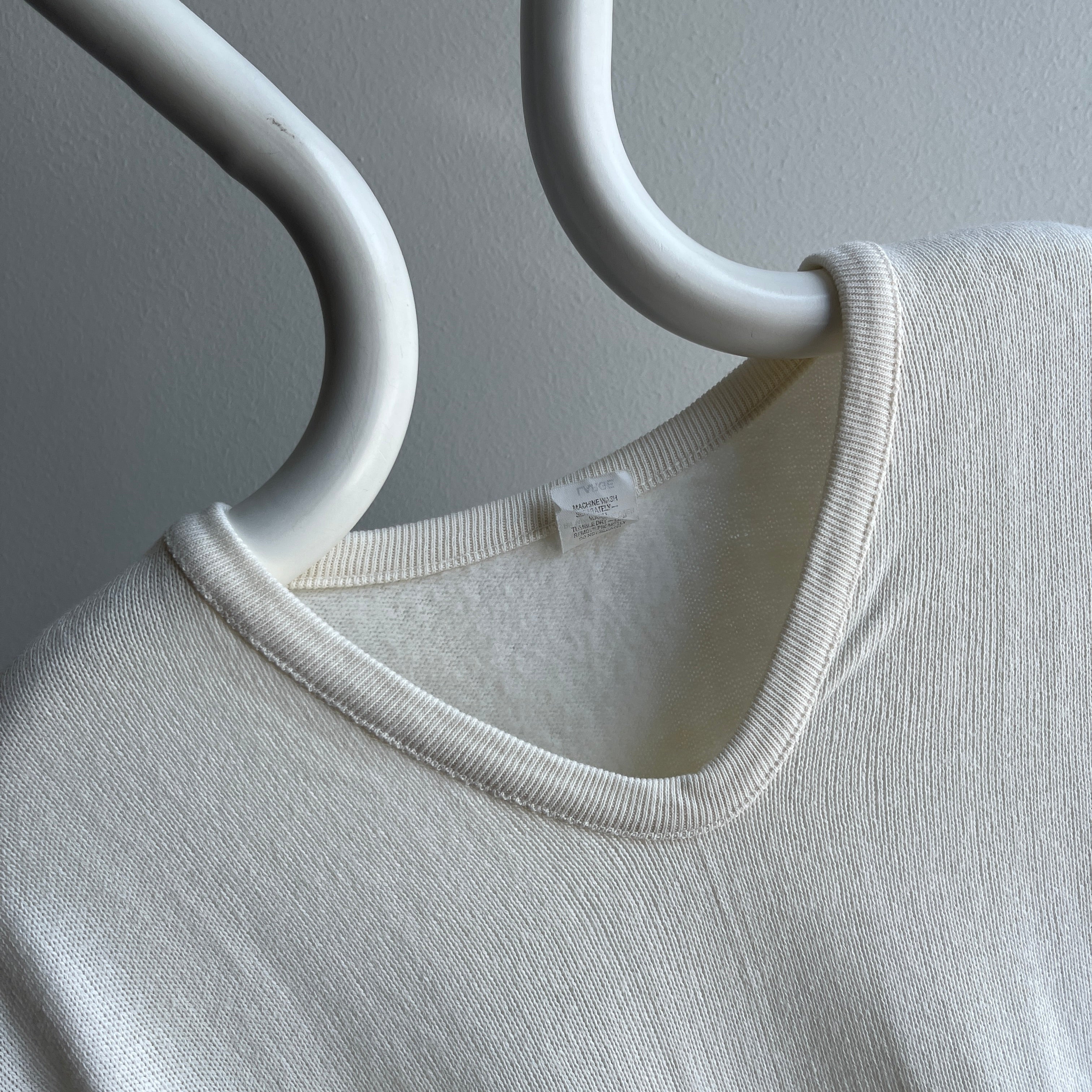 1970s Creamy White V-Neck Rayon and Nylon Sweater