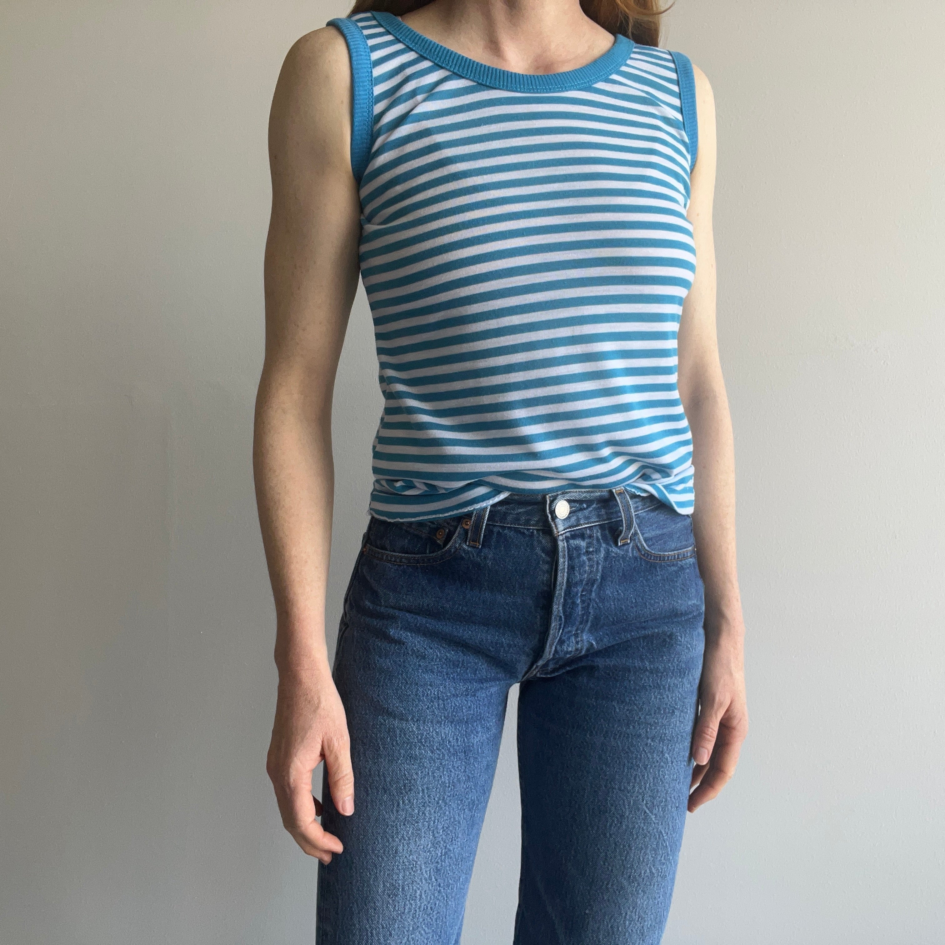 1980s XXS/XS Striped Blue and White Tank Top