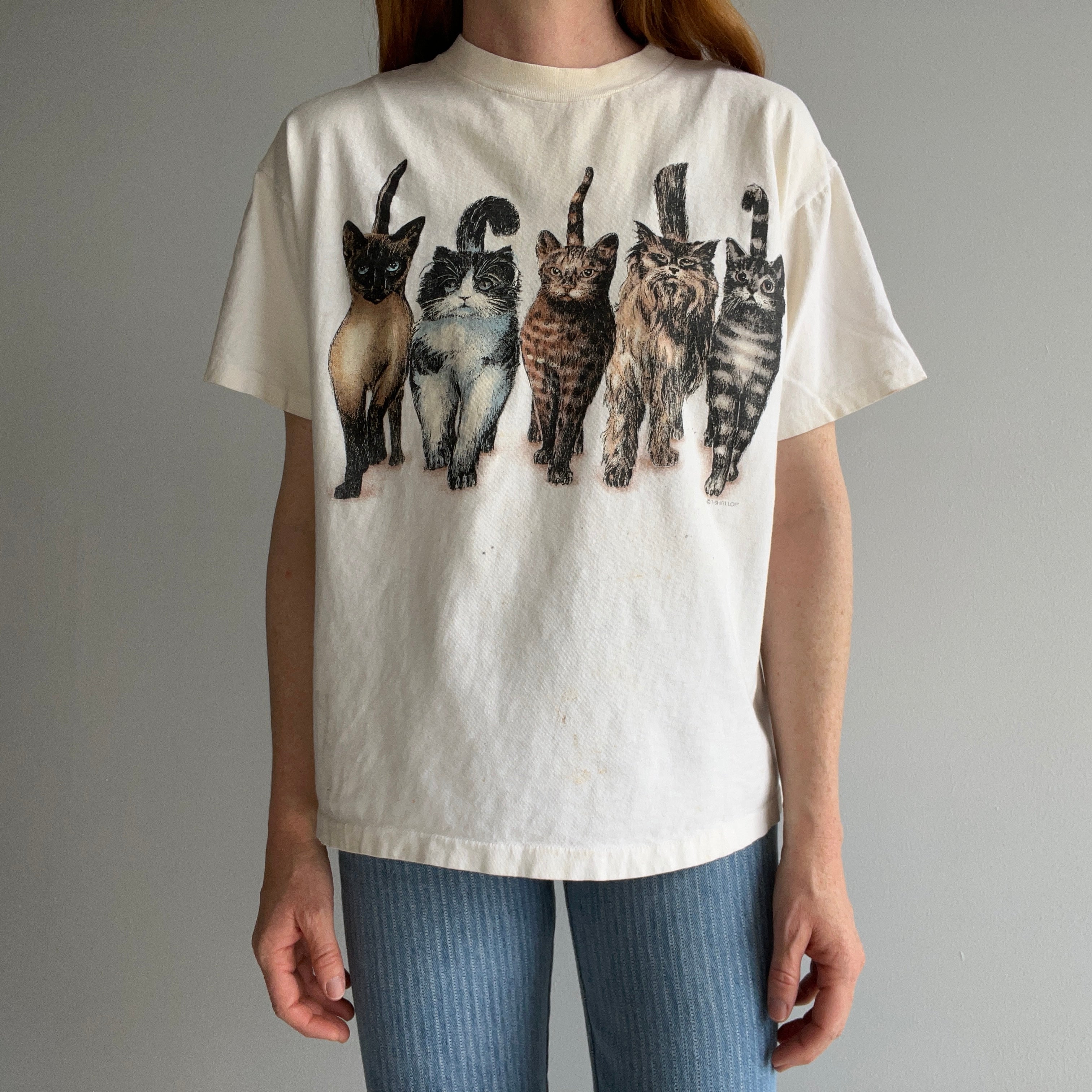 1990s Cat Tee Front and THE.BACK.SIDE Soft and Nicely Stained Boxy T-Shirt - A GEM