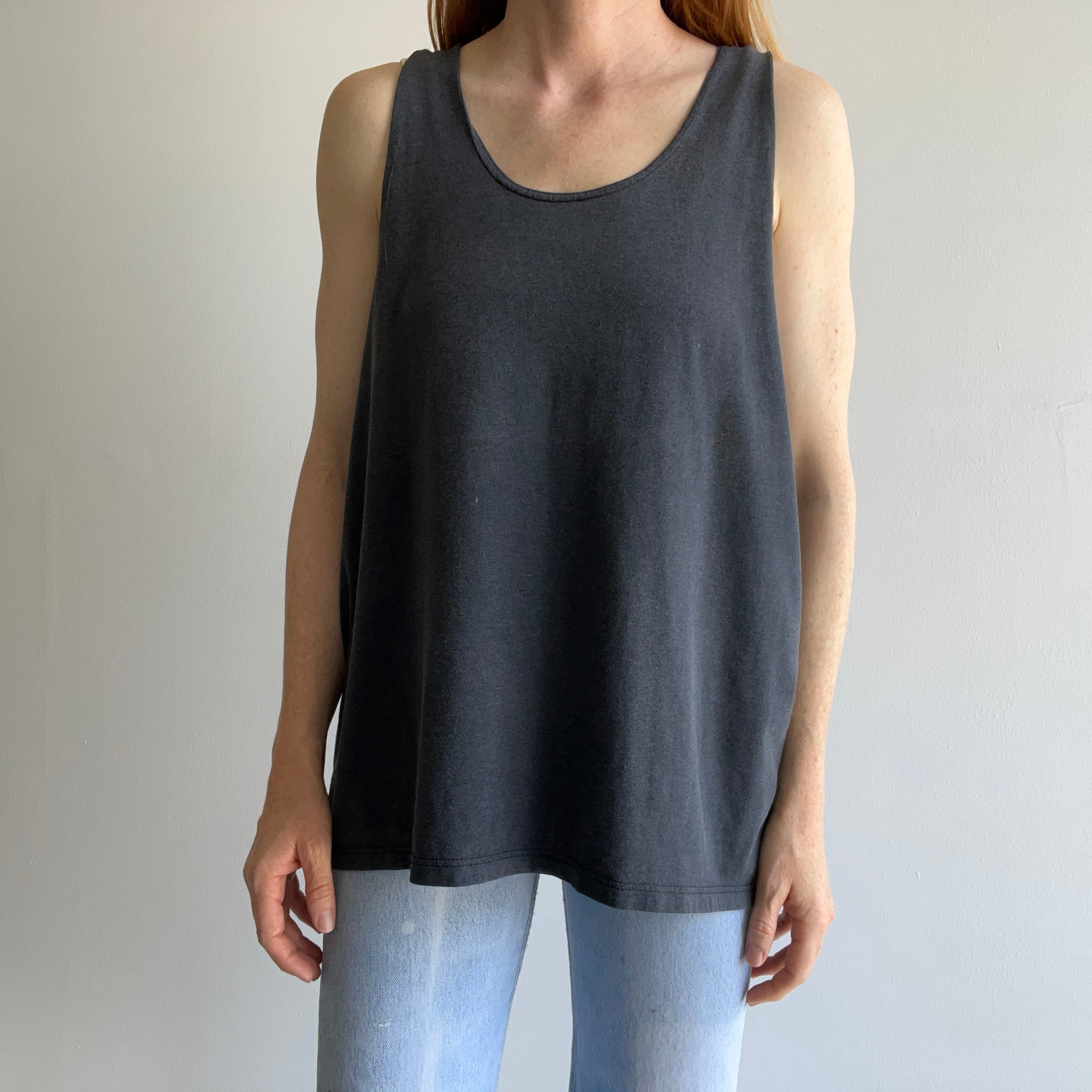 1980s Super Slouchy Faded Black To Gray Low Pit Tank Top