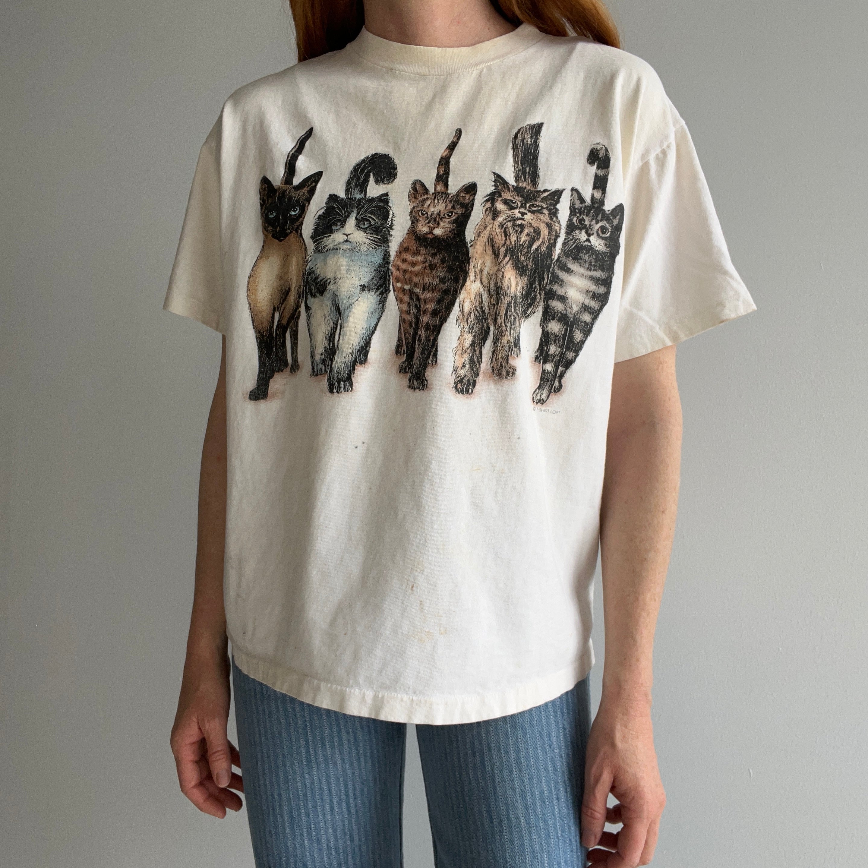 1990s Cat Tee Front and THE.BACK.SIDE Soft and Nicely Stained Boxy T-Shirt - A GEM