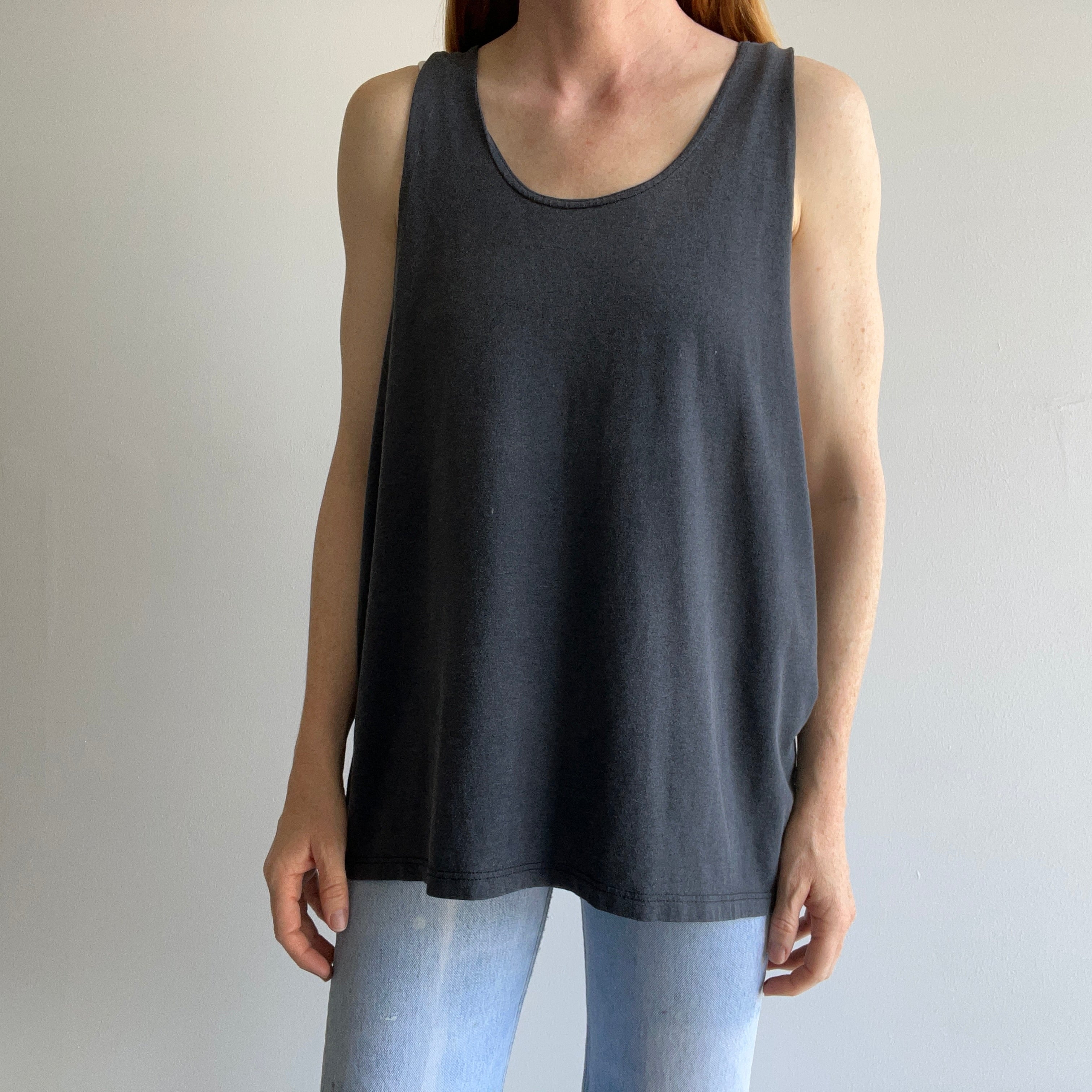 1980s Super Slouchy Faded Black To Gray Low Pit Tank Top