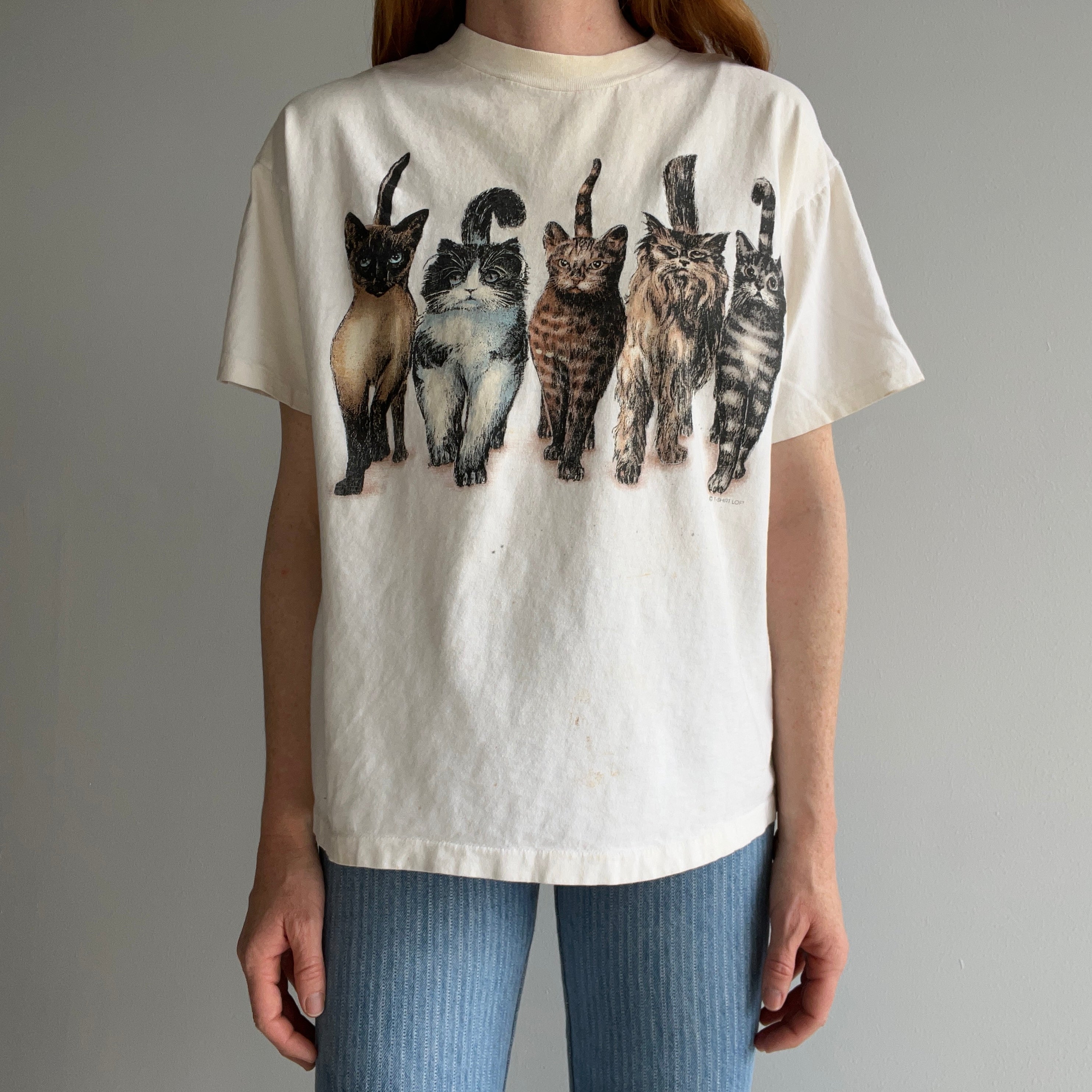 1990s Cat Tee Front and THE.BACK.SIDE Soft and Nicely Stained Boxy T-Shirt - A GEM