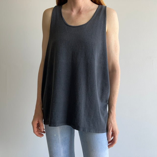 1980s Super Slouchy Faded Black To Gray Low Pit Tank Top