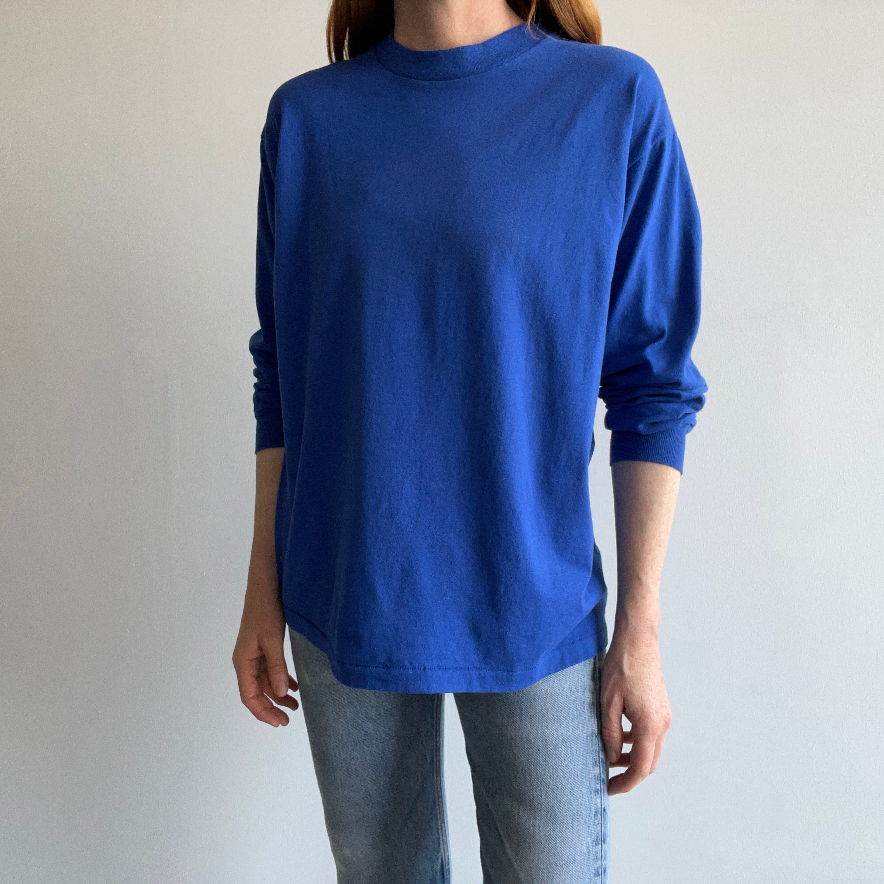 1980s Blank Dodger Blue Long Sleeve Lightweight Cotton T-Shirt by Russell