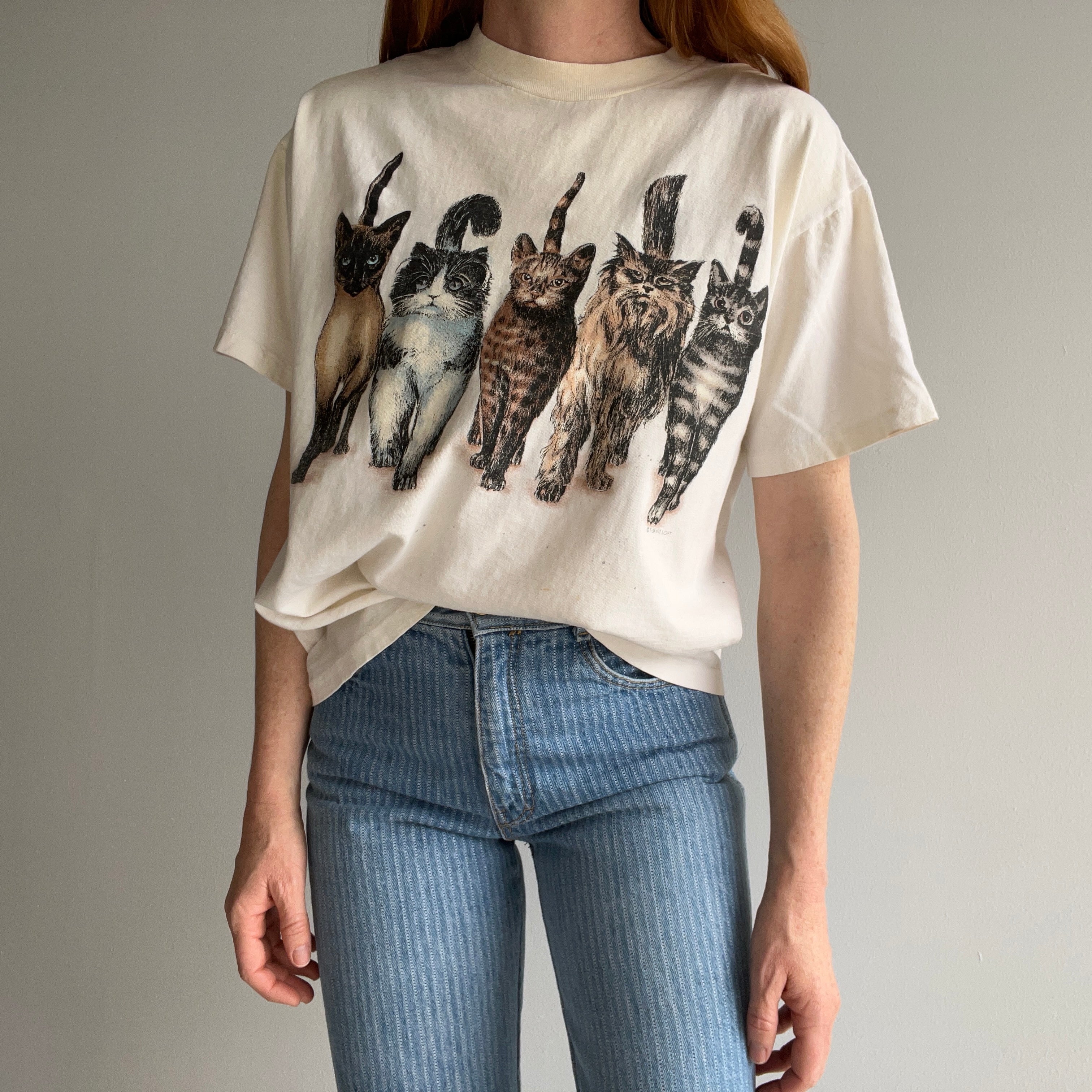 1990s Cat Tee Front and THE.BACK.SIDE Soft and Nicely Stained Boxy T-Shirt - A GEM