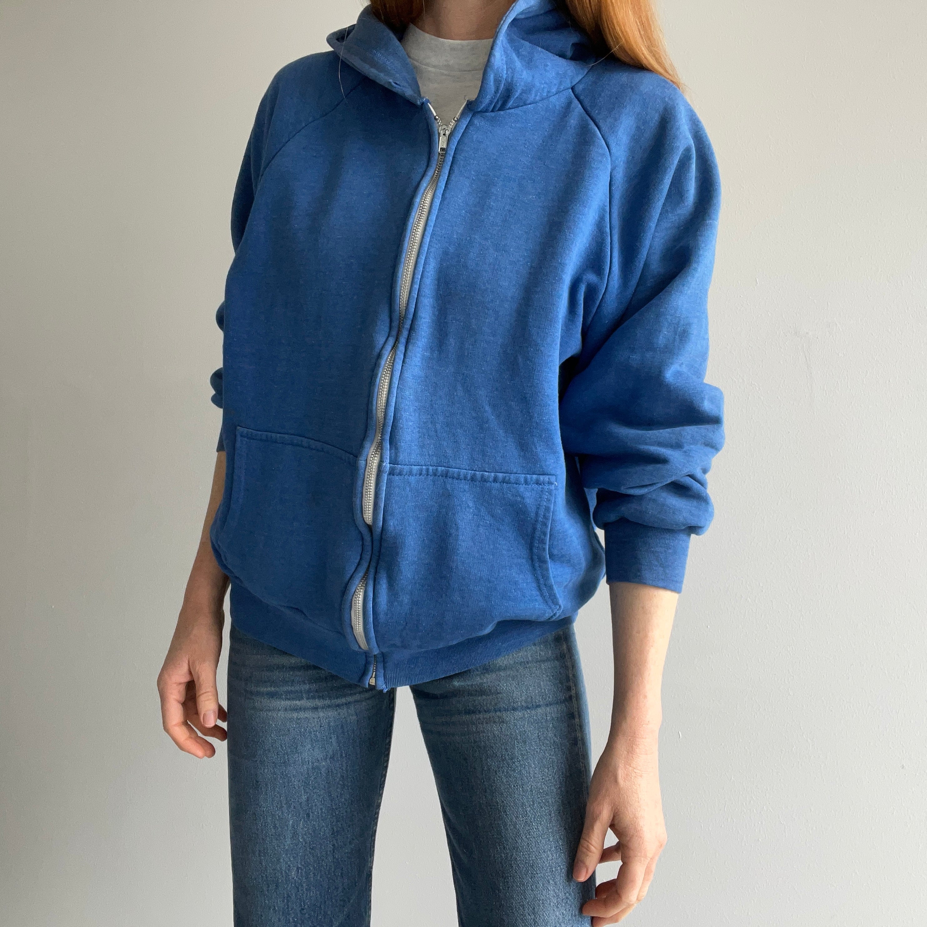 1970/80s Sky Blue Big Yank Insulated Zip Up Paint Stained Hoodie