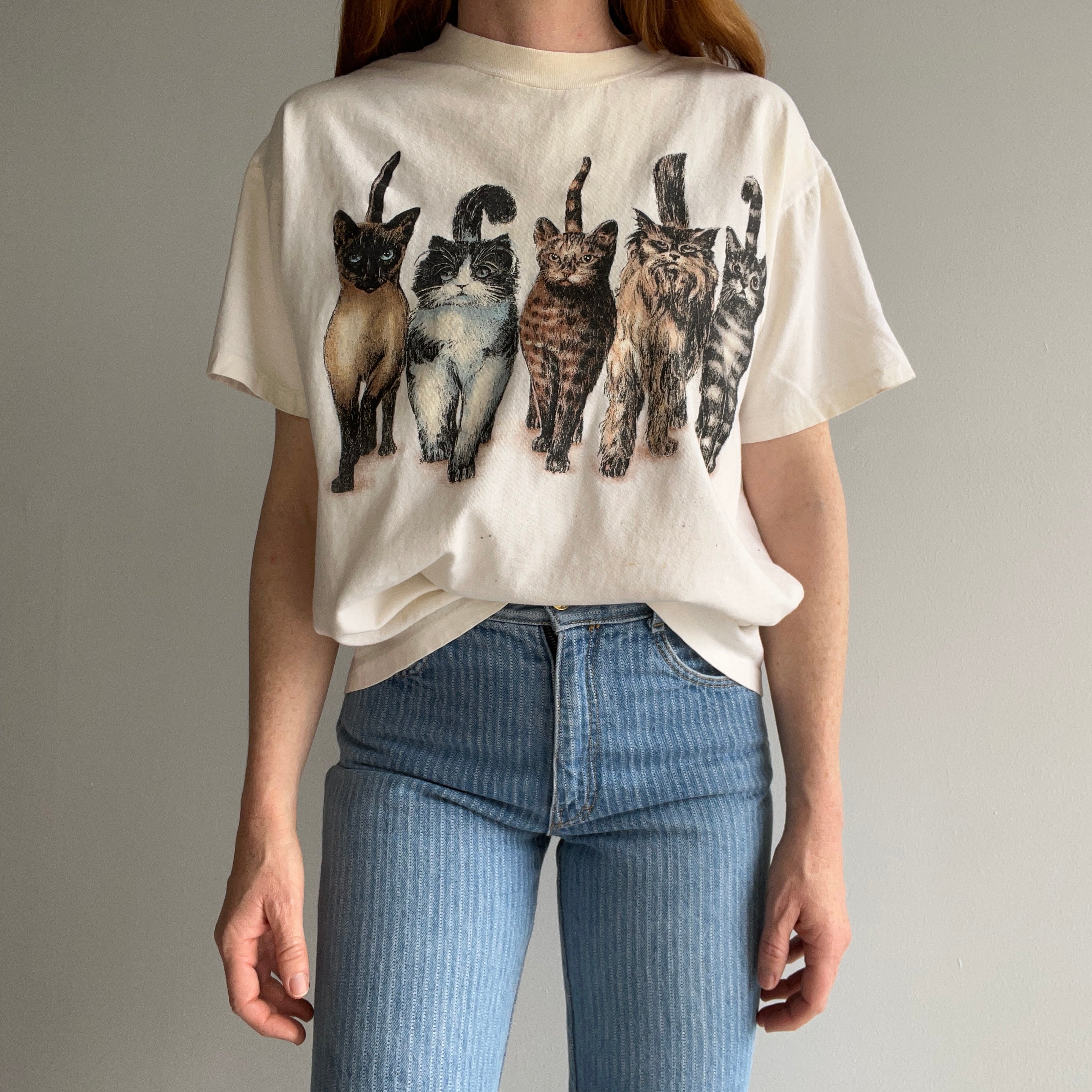 1990s Cat Tee Front and THE.BACK.SIDE Soft and Nicely Stained Boxy T-Shirt - A GEM