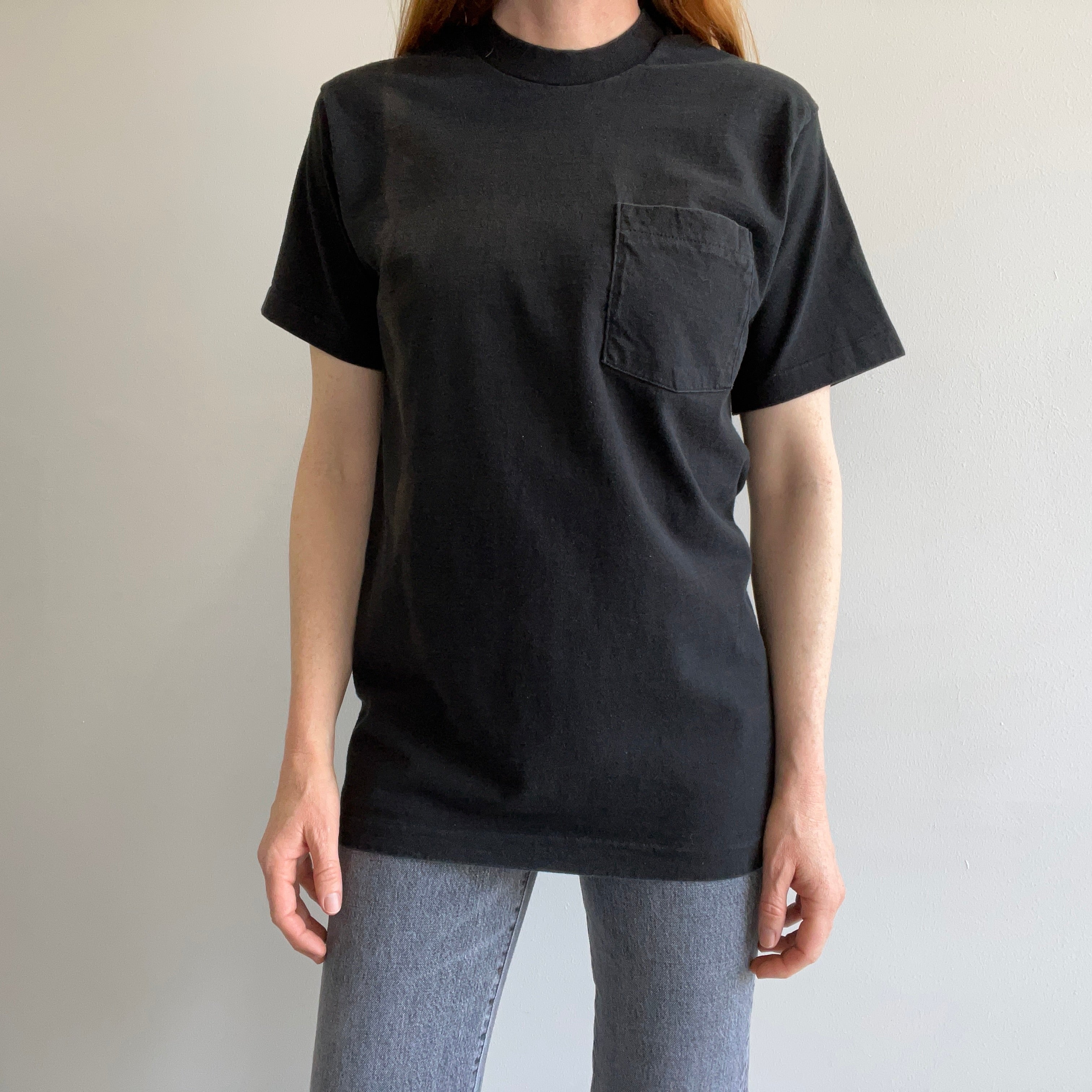 1980s Sun Faded Selvedge Pocket USA Made Blank Black T-Shirt