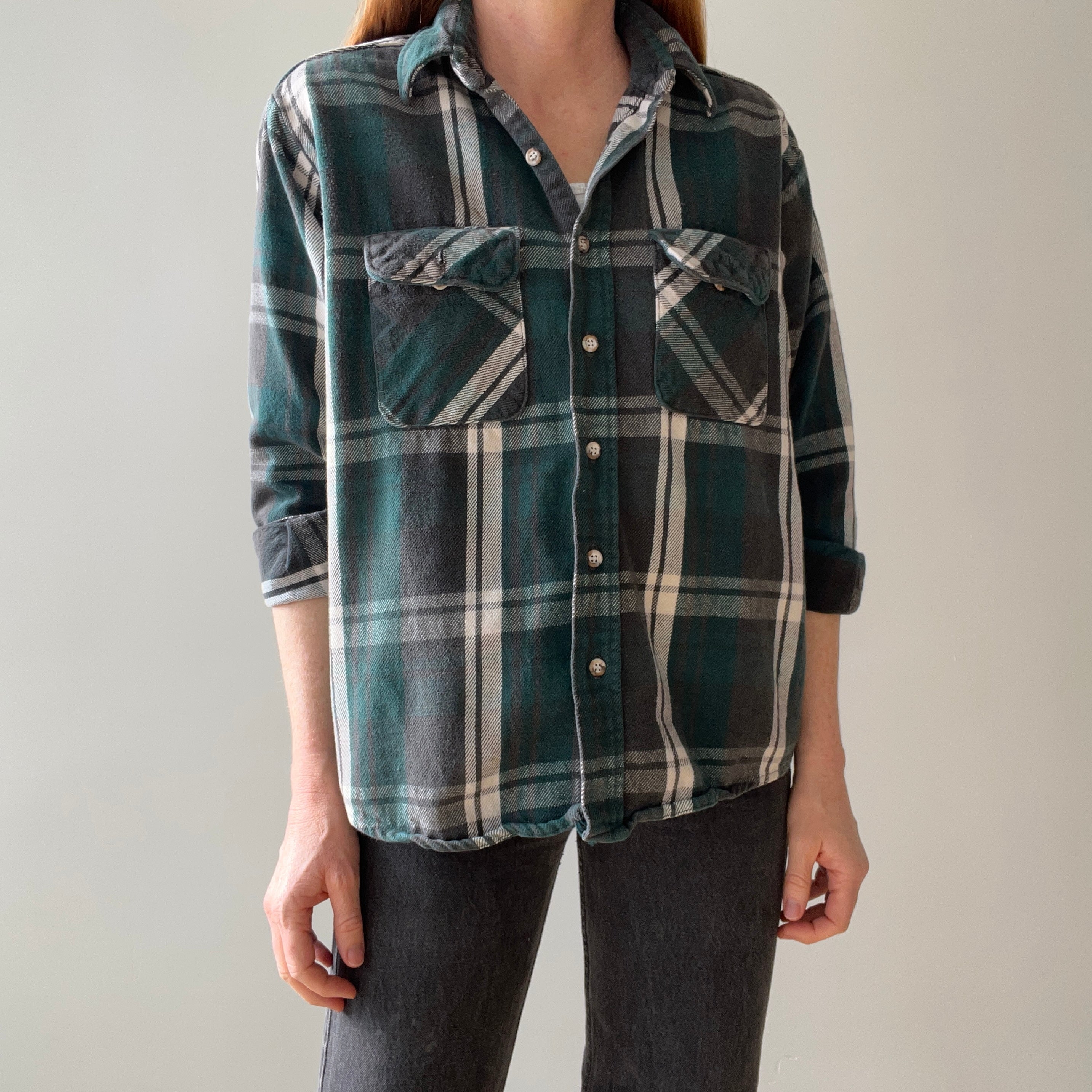 1980/90s Forest Green Plaid Cotton Flannel - Mending