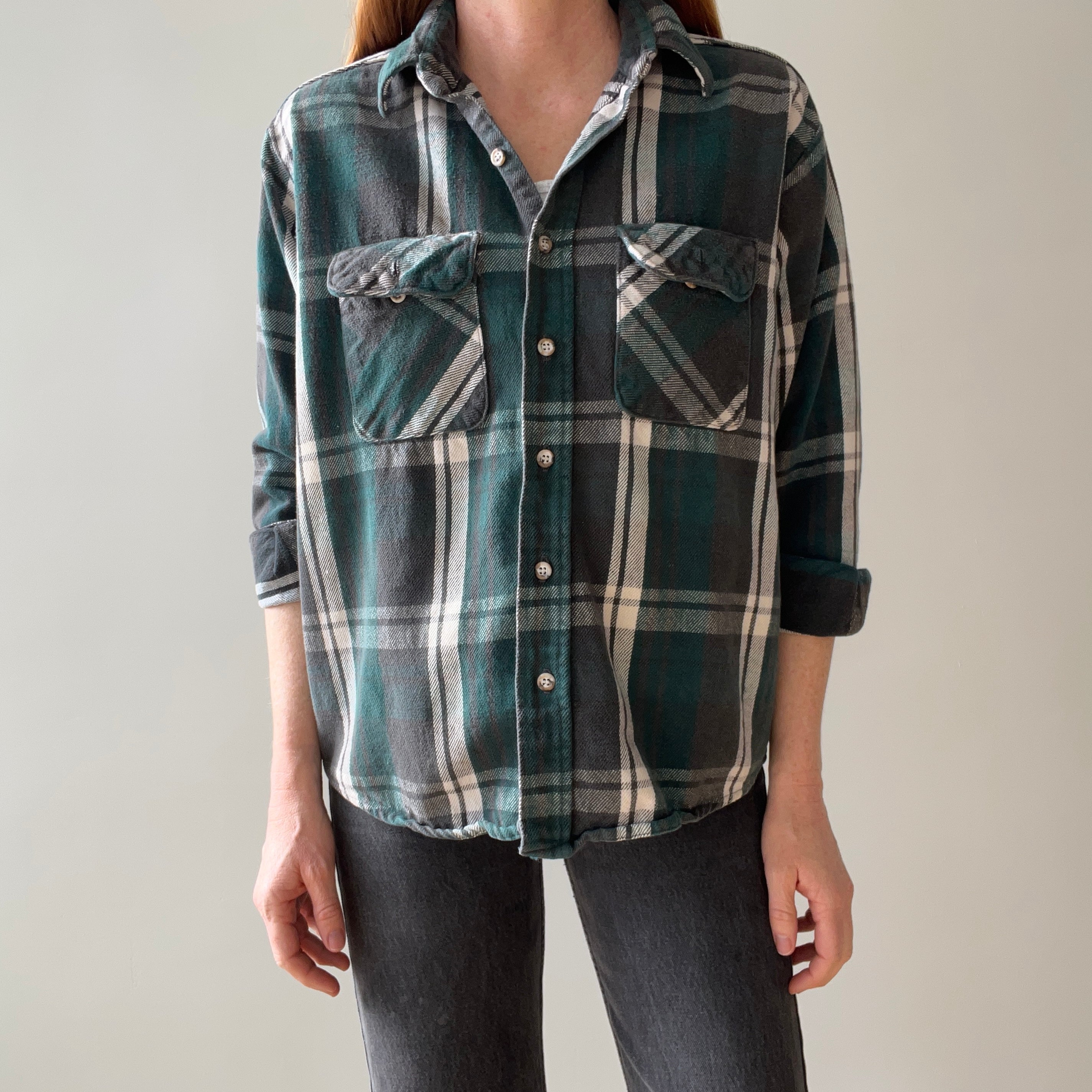 1980/90s Forest Green Plaid Cotton Flannel - Mending