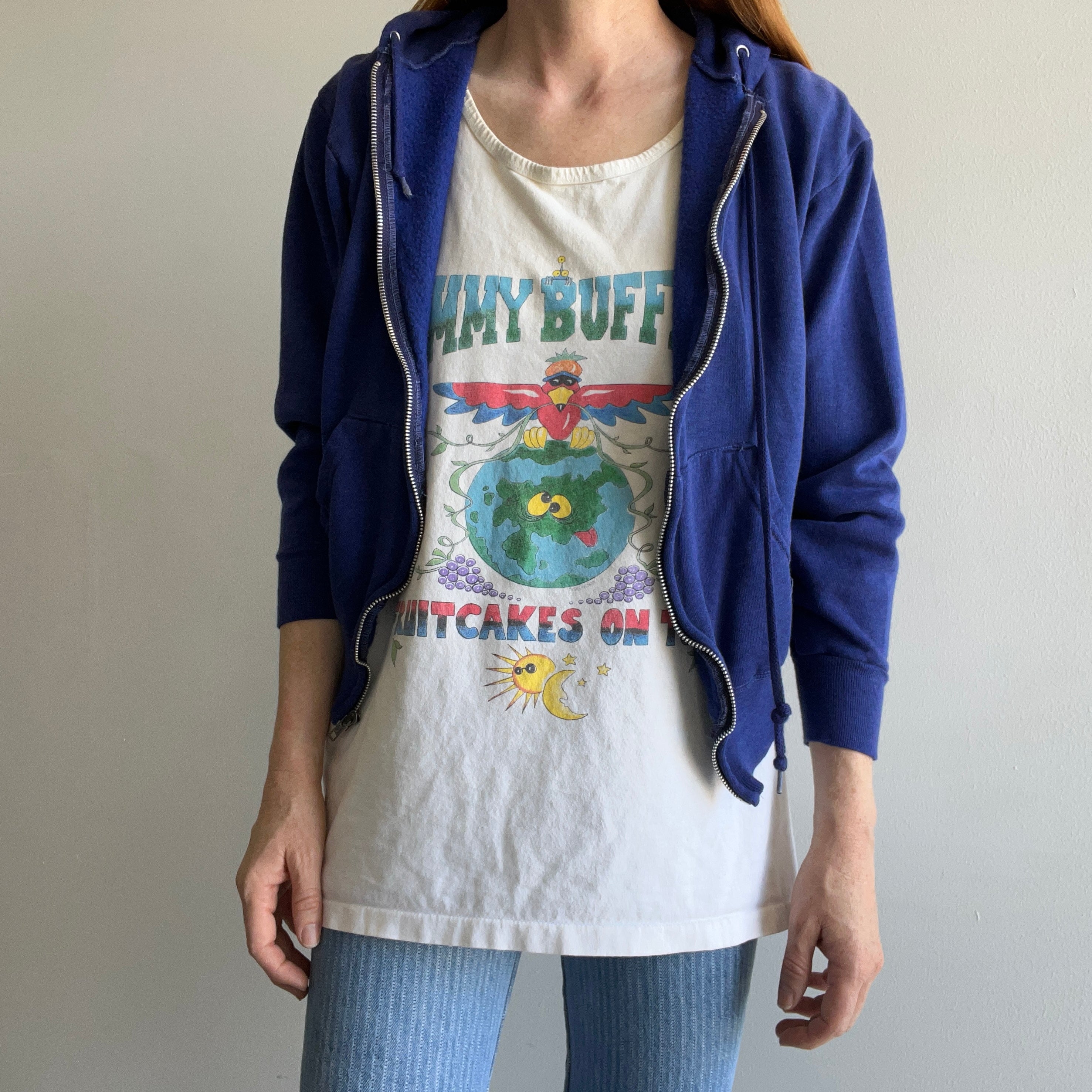 1980s Slouchy and Soft Navy Zip Up Hoodie