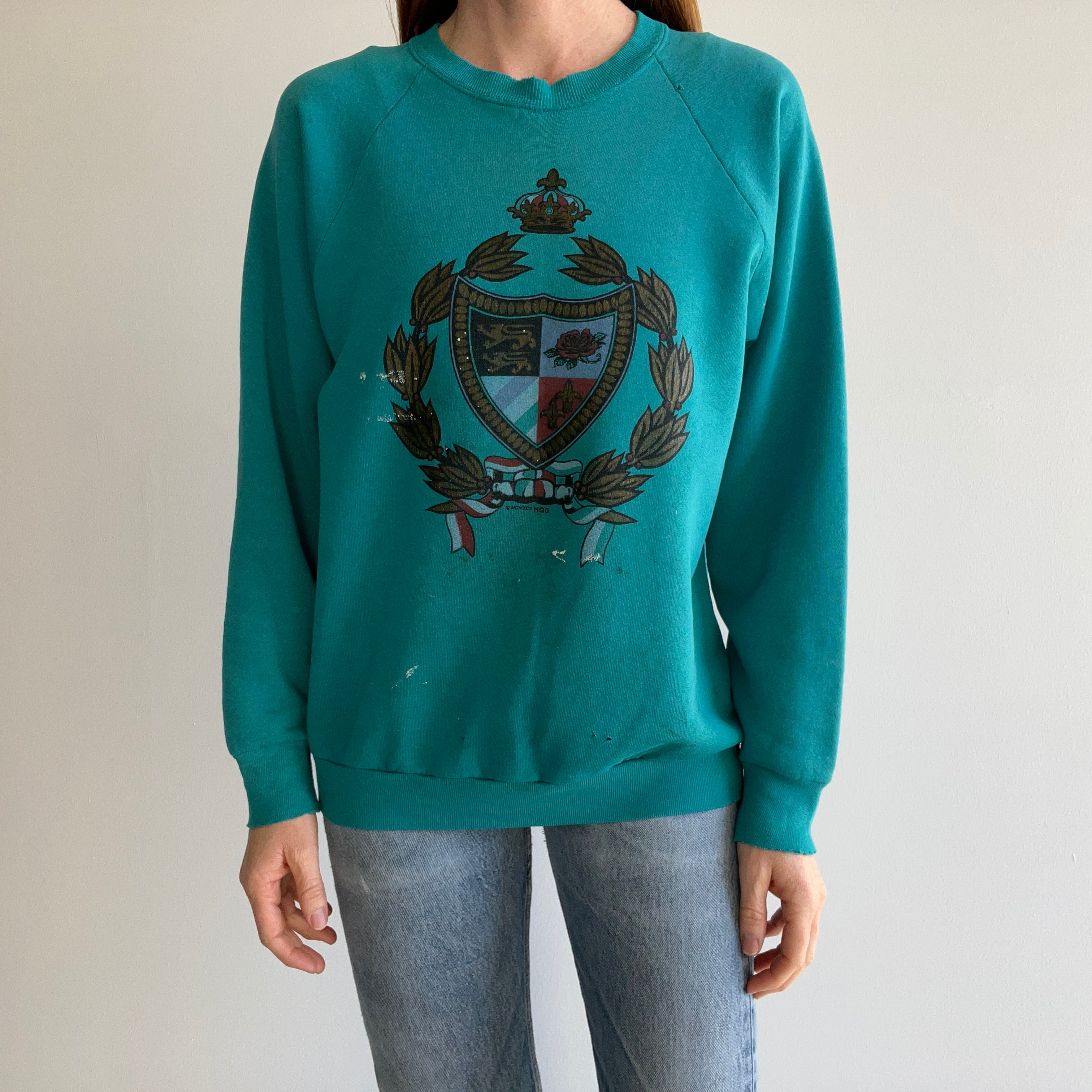 1992 Shredded, Tattered, Torn, Paint Stained Random Crest Sweatshirt