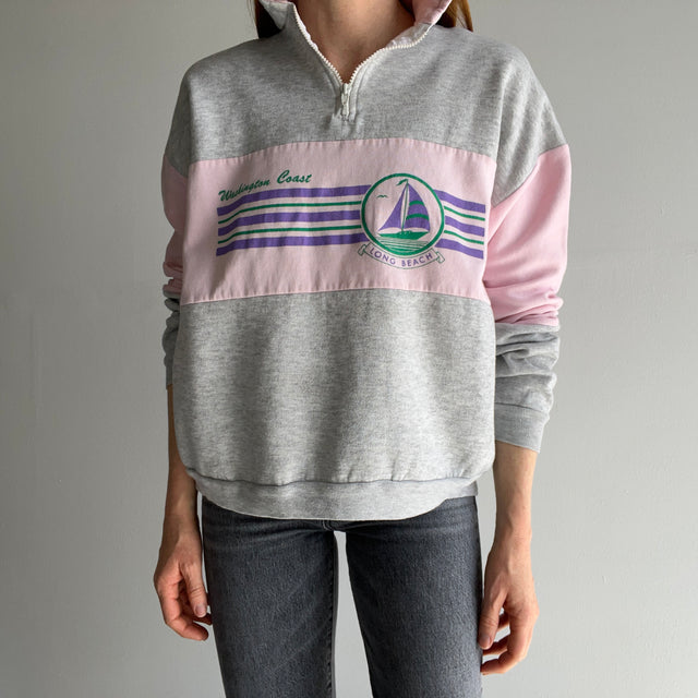 1980s Washington Coast - Long Beach - 1/4 Zip Color Block Sweatshirt