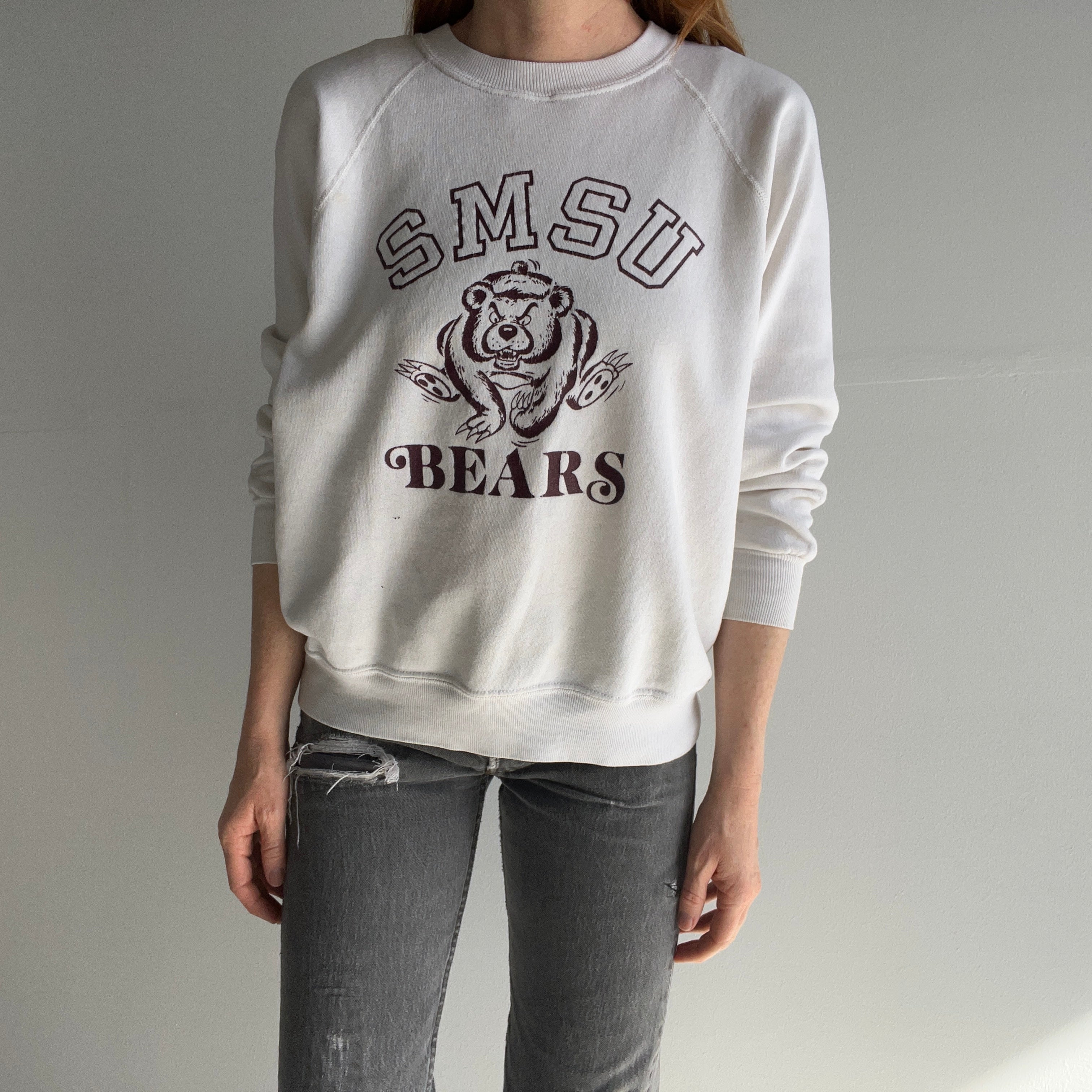 1980s Front and Back SMSU Bears Thinned Out and Stained Sweatshirt