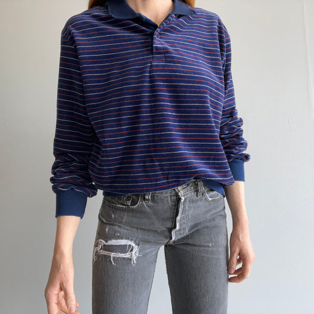 1980s Striped Velour Polo Sweatshirt/Shirt - WOWZA