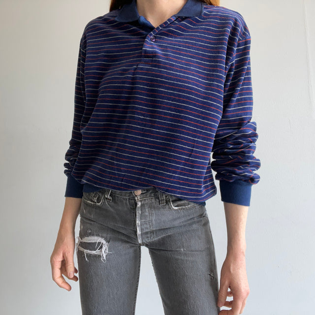 1980s Striped Velour Polo Sweatshirt/Shirt - WOWZA