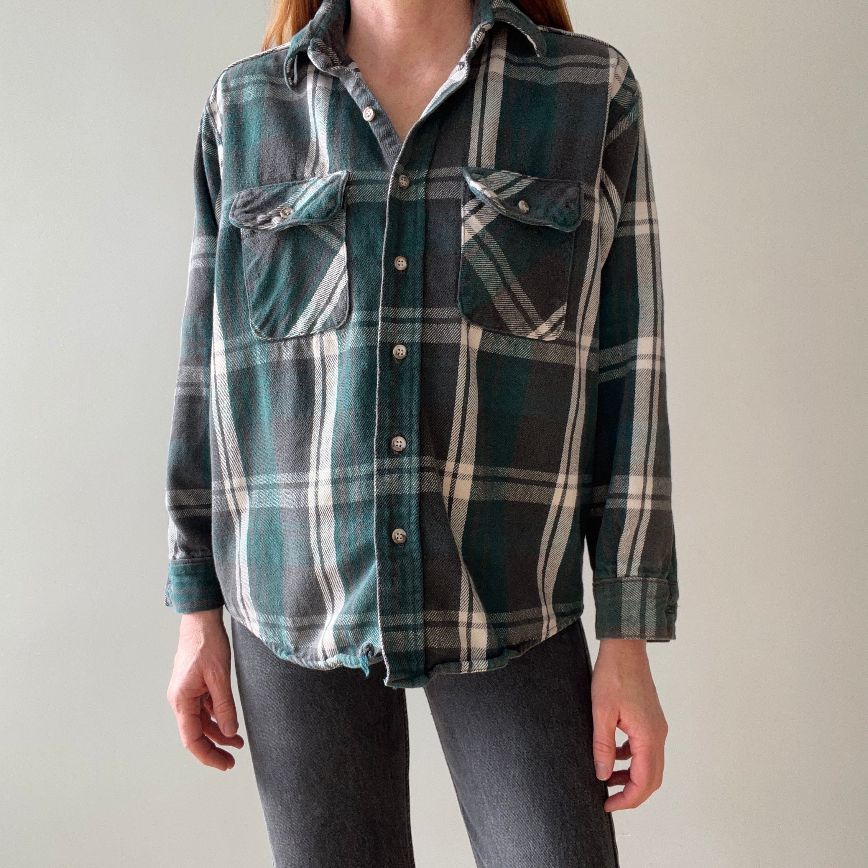 1980/90s Forest Green Plaid Cotton Flannel - Mending