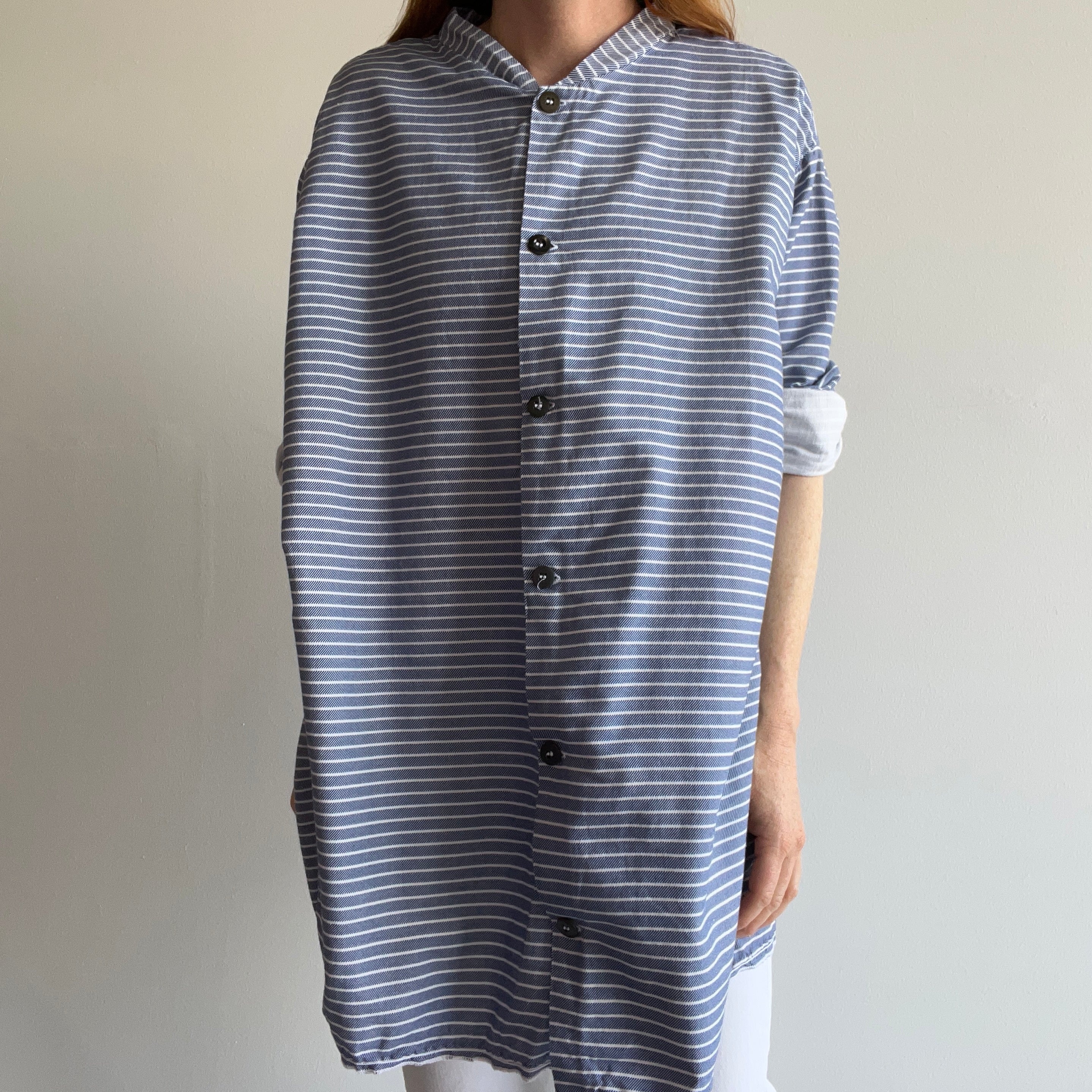 1970s French Striped Cotton Button Up Larger Top