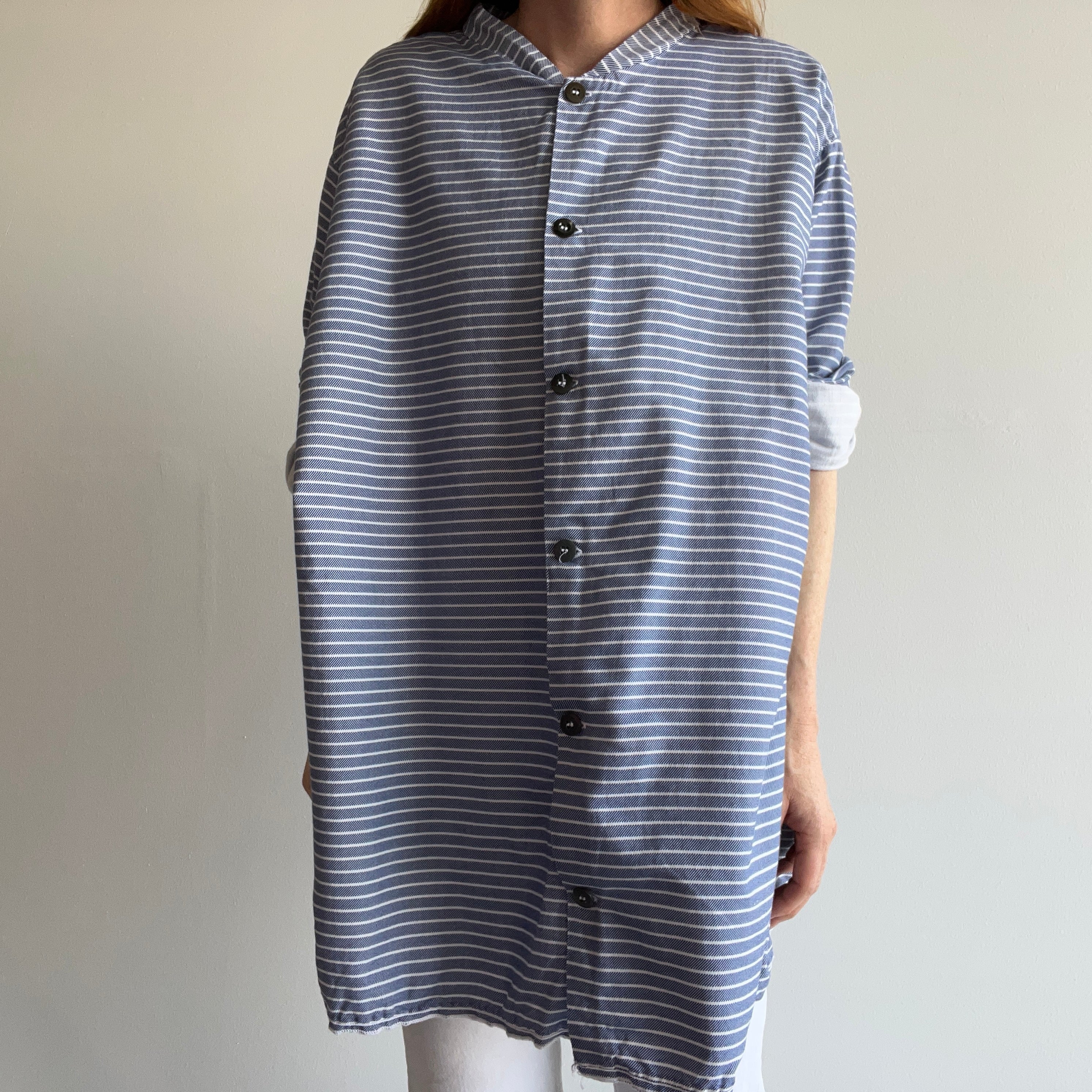 1970s French Striped Cotton Button Up Larger Top