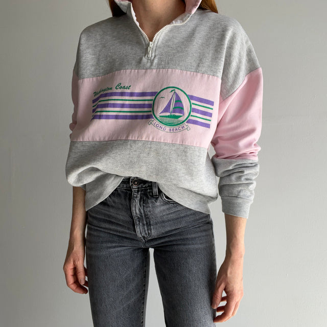 1980s Washington Coast - Long Beach - 1/4 Zip Color Block Sweatshirt