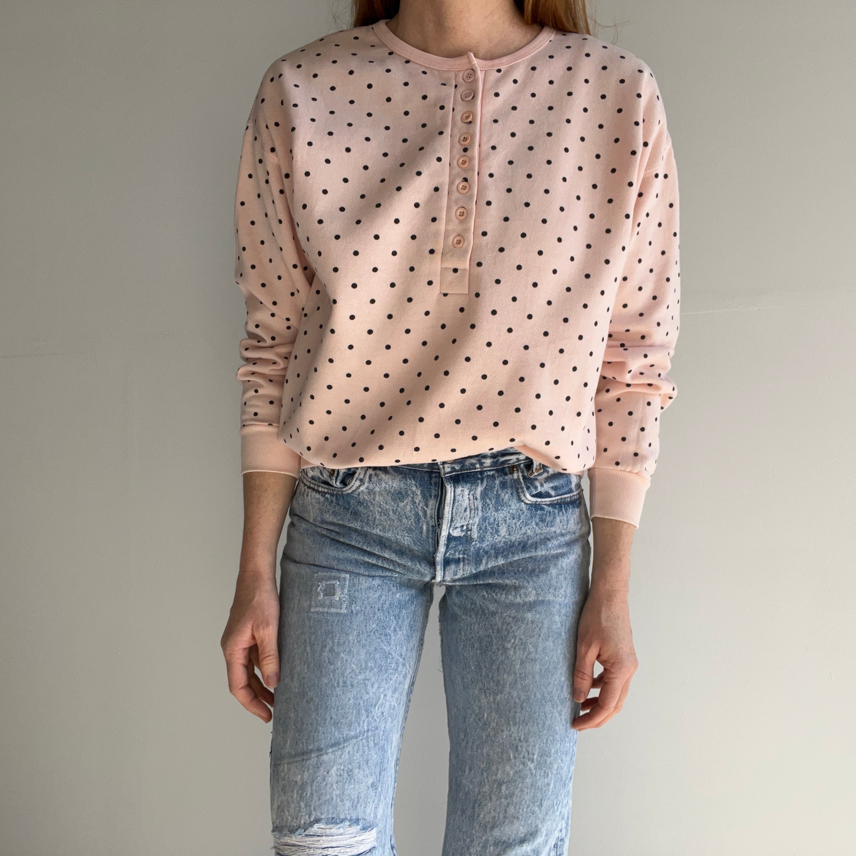 1980s Faded Salmon Polka Dot Henley Sweatshirt