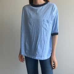 1970/80s Slouchy Larger Heather Blue Ring Tee with a Lovely Pocket (Wrinkled)