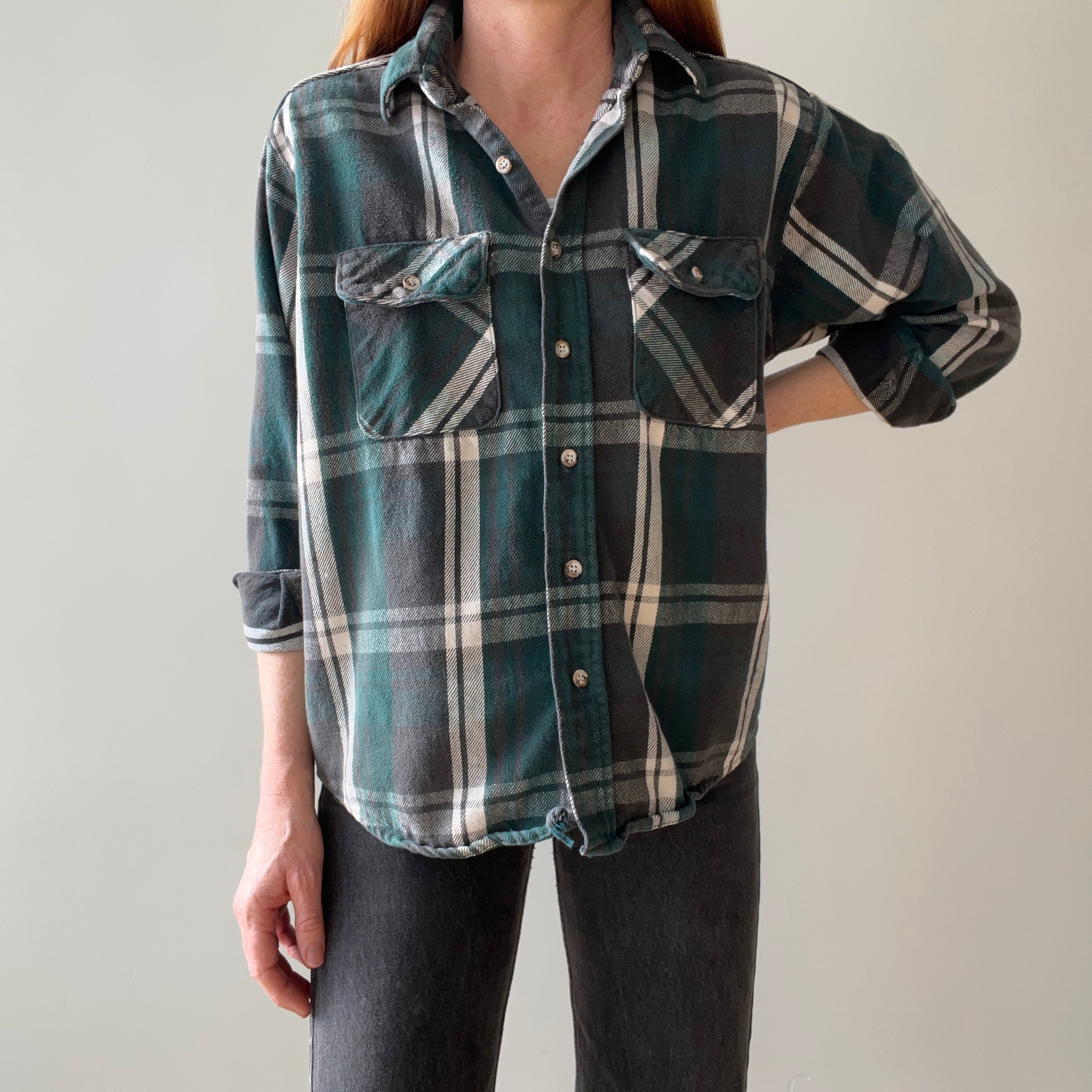 1980/90s Forest Green Plaid Cotton Flannel - Mending