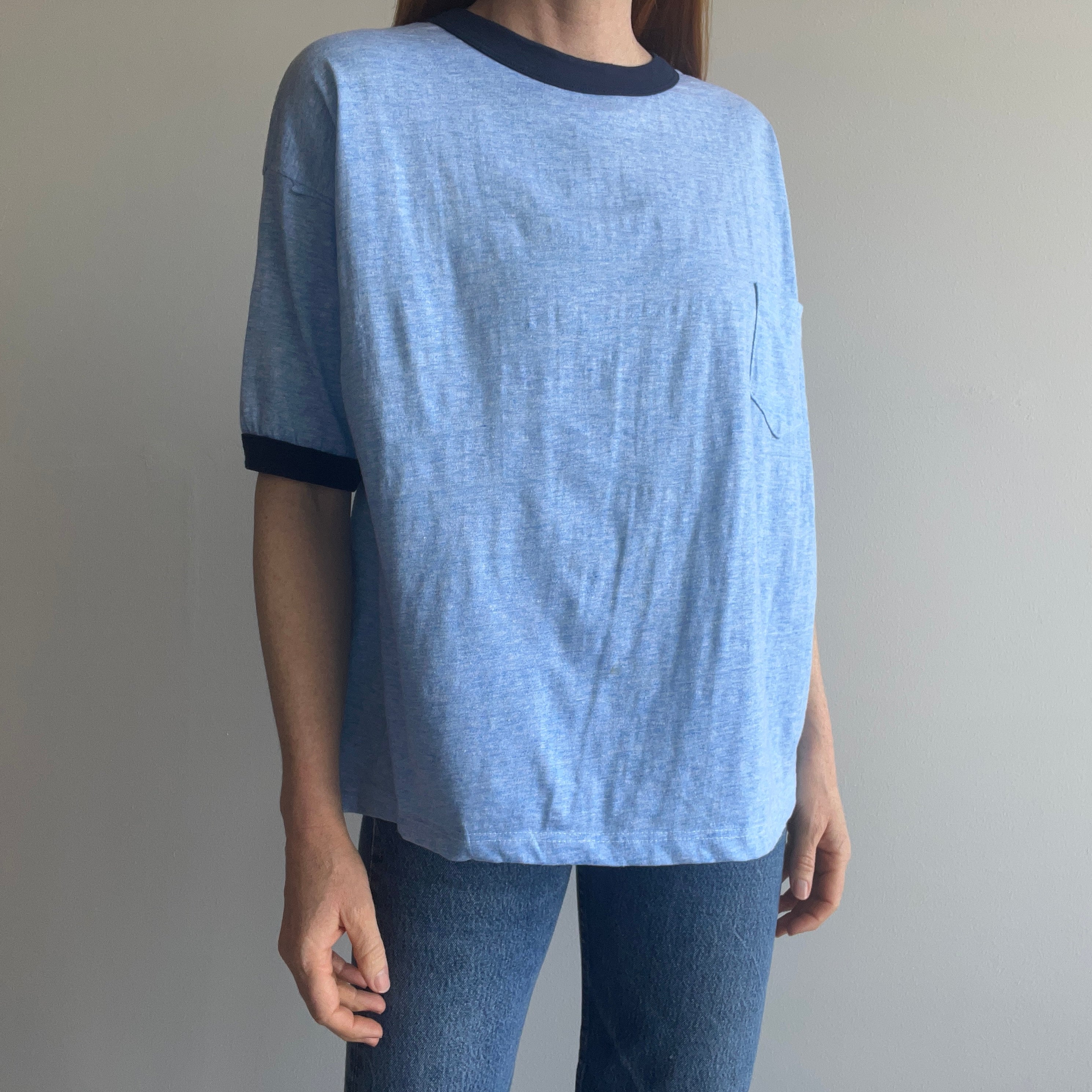 1970/80s Slouchy Larger Heather Blue Ring Tee with a Lovely Pocket (Wrinkled)