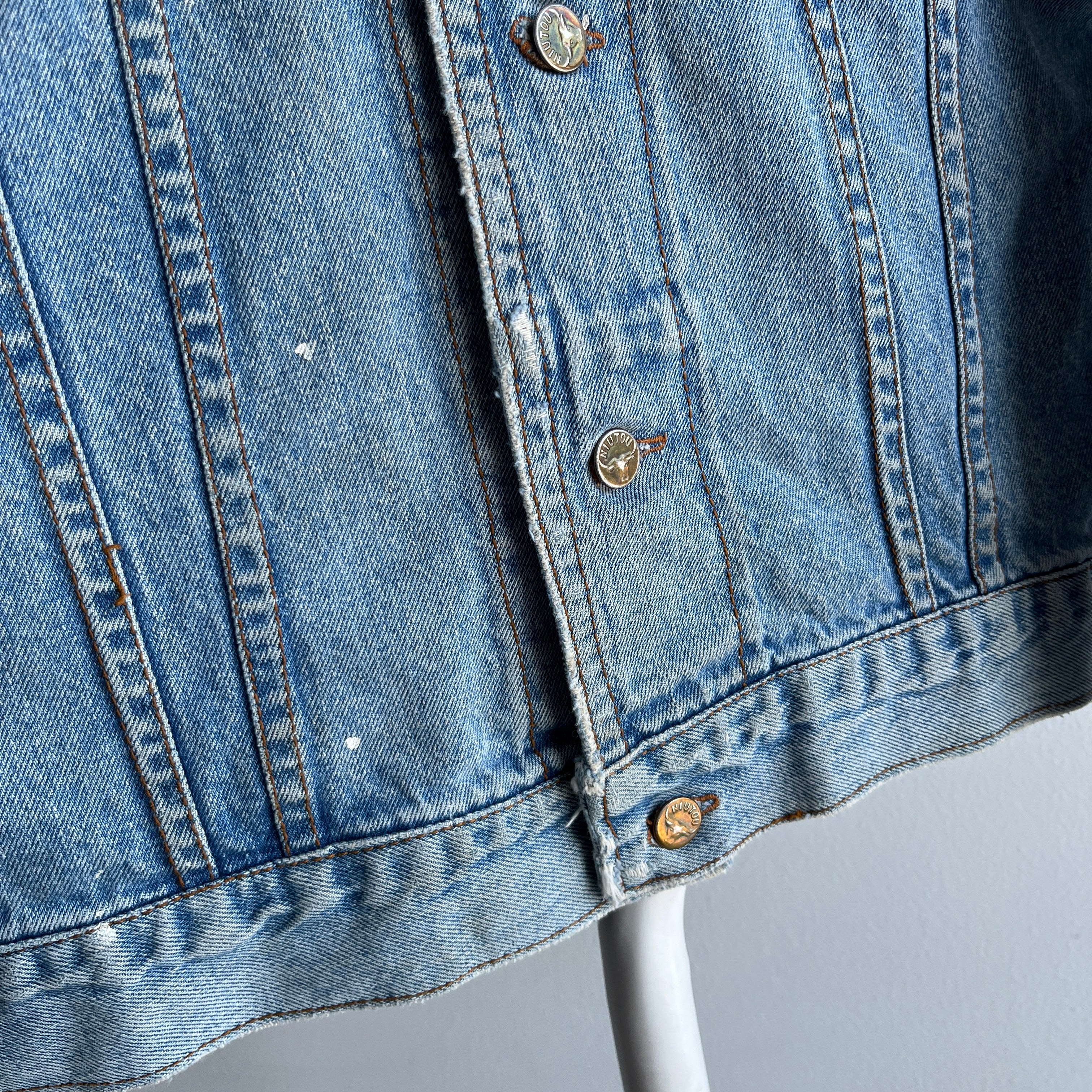 1980s Nicely Thrashed Niutou Denim Jean Jacket (Missing Left Chest Button)