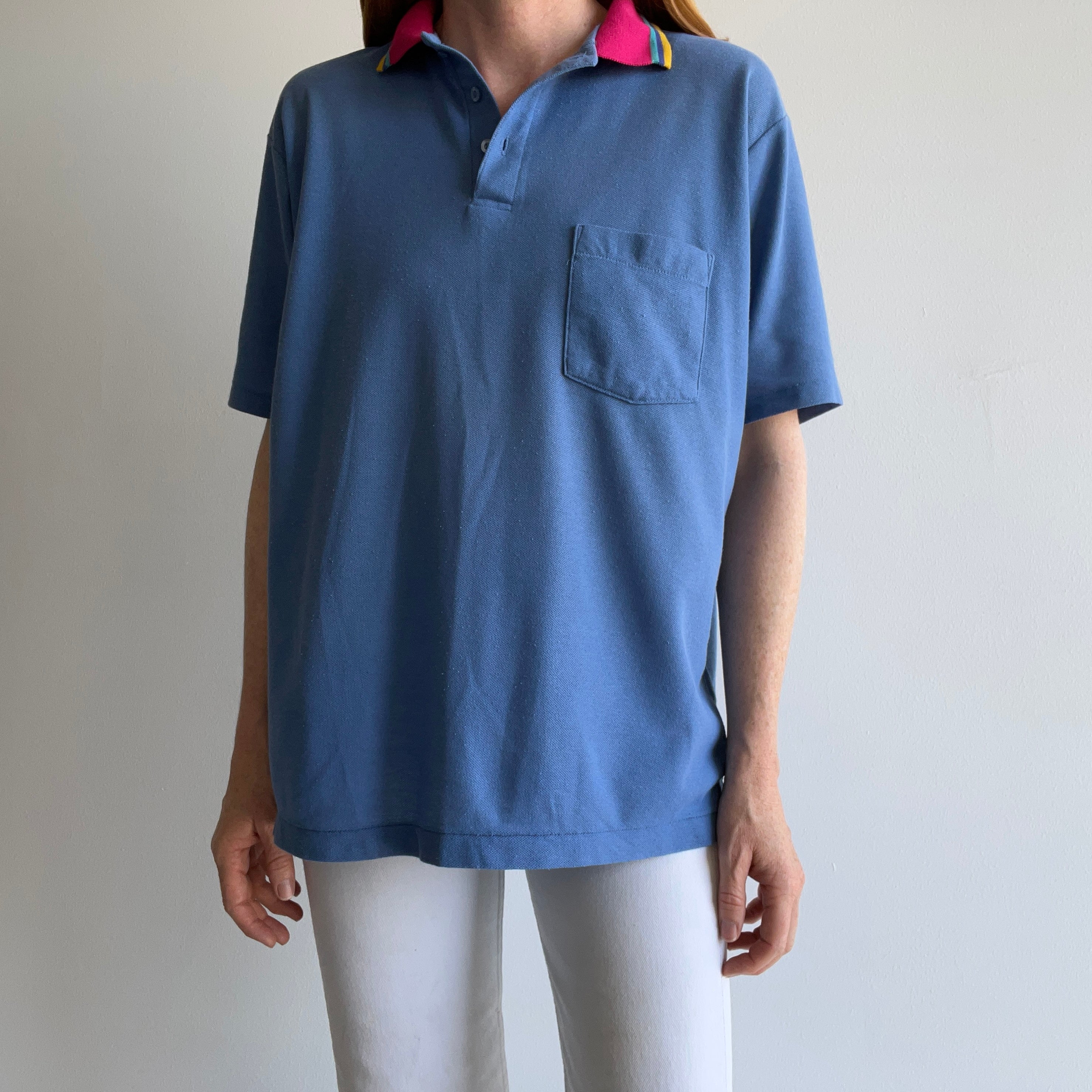 1980s Striped Pink Colored Polo Shirt