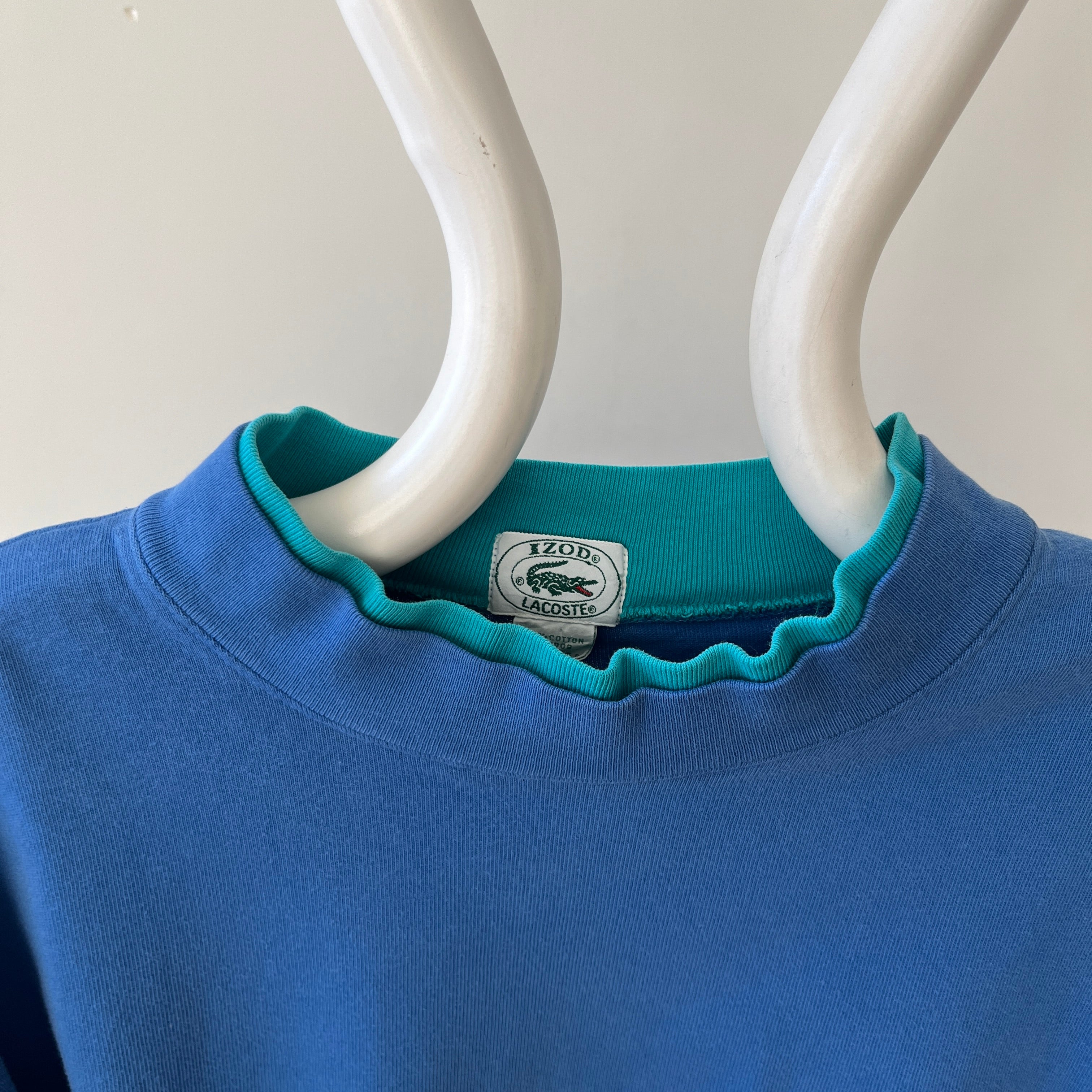 1980s/90s Blank Blue Lacoste Mock Neck Long Sleeve T Shirt