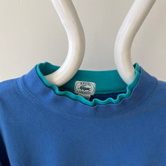 1980s/90s Blank Blue Lacoste Mock Neck Long Sleeve T Shirt